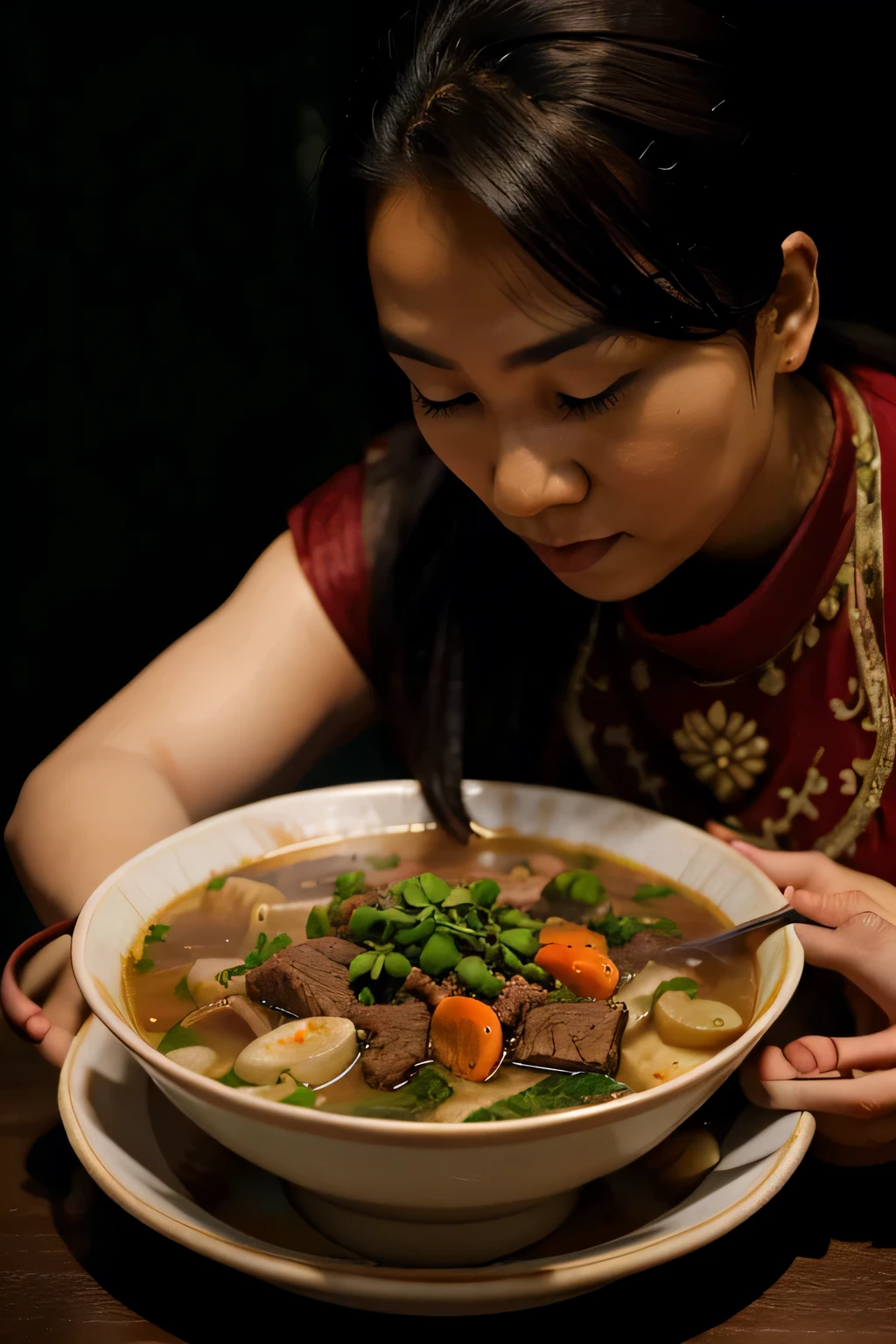 a flavorful tradition uyghur beef soup with clear broth shot
with Z 50mm f/1.8 S lens. The lens should be set to
a wide aperture to create a shallow depth of field,
and the curry should be positioned on a black plate
with a black background to make it visually striking.
Add in some flying rice and a sprinkle of cilantro to
enhance the appeal. --v 5