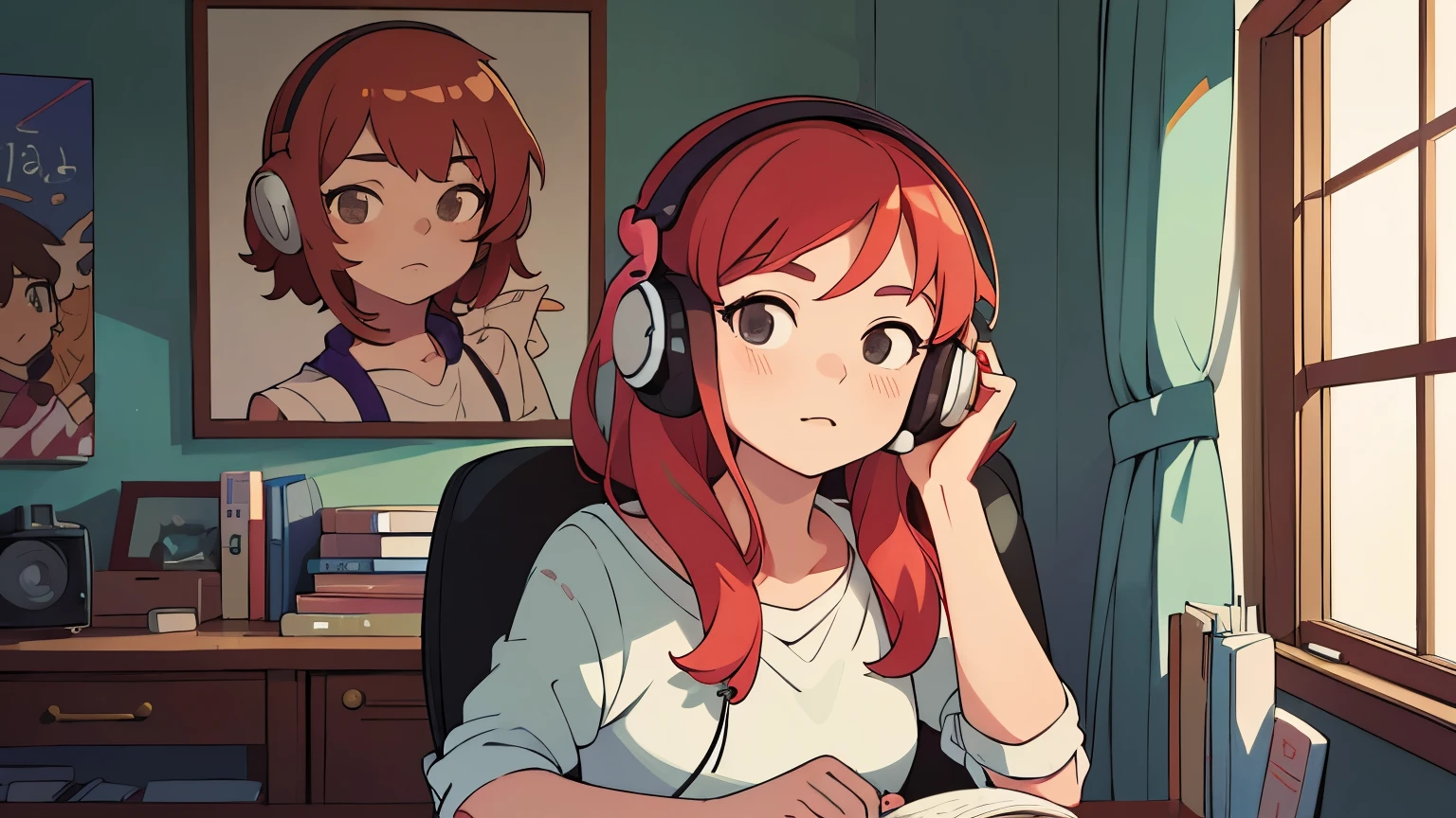 there is a woman sitting on the chair with headphones on her head listening to music, photo taken in the bedroom, digital anime illustration, portrait of Lofi , 4k anime style, girl wearing headphones on her head , Praise Artstyle, with headphones on her head, anime style. 8k, wearing headphones on head, anime illustration style, lofi girl, listening to music, headphones on head, high quality portrait, realistic art style, fanart girl, anime portrait style, cozy room, redhead