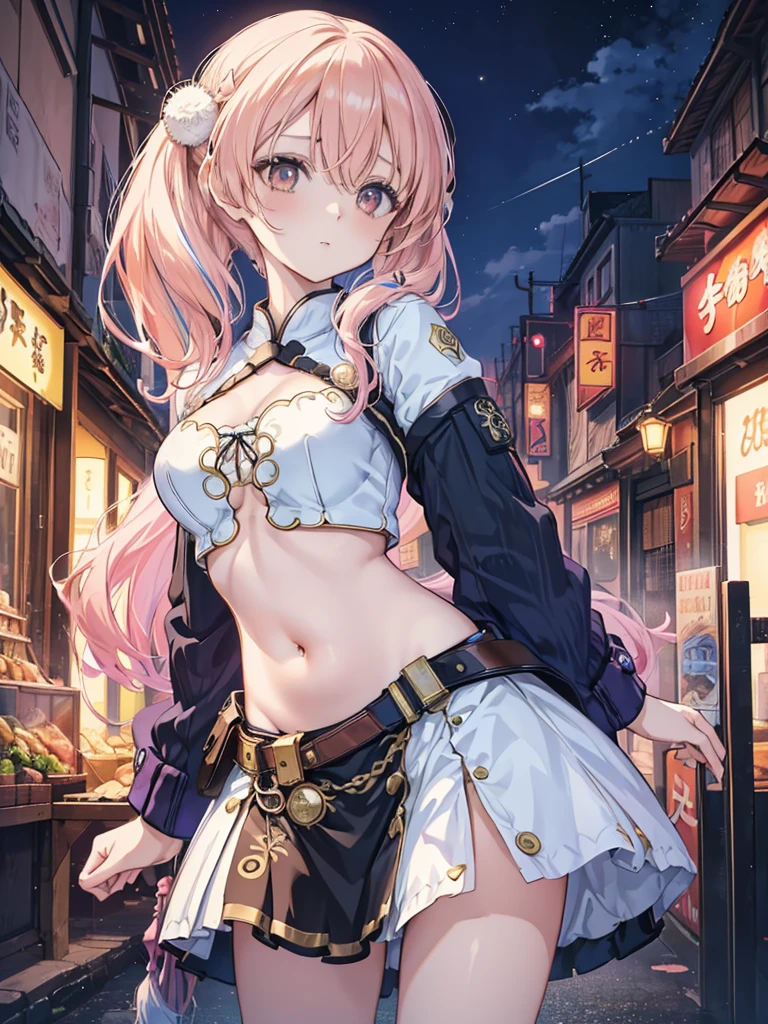Beautiful woman with gal makeup in uniform in the bustling streets of Gintama, Surrounded by vendors, Beautiful portrait of a stunning goddess girl, beautiful detailed face, porcelain skin, Half body shot, placed in the center,(Black High,belly button:1.2),((Moonlight,night time,Big neon,Strong neon lighting,Rim lighting,two tone lighting))),