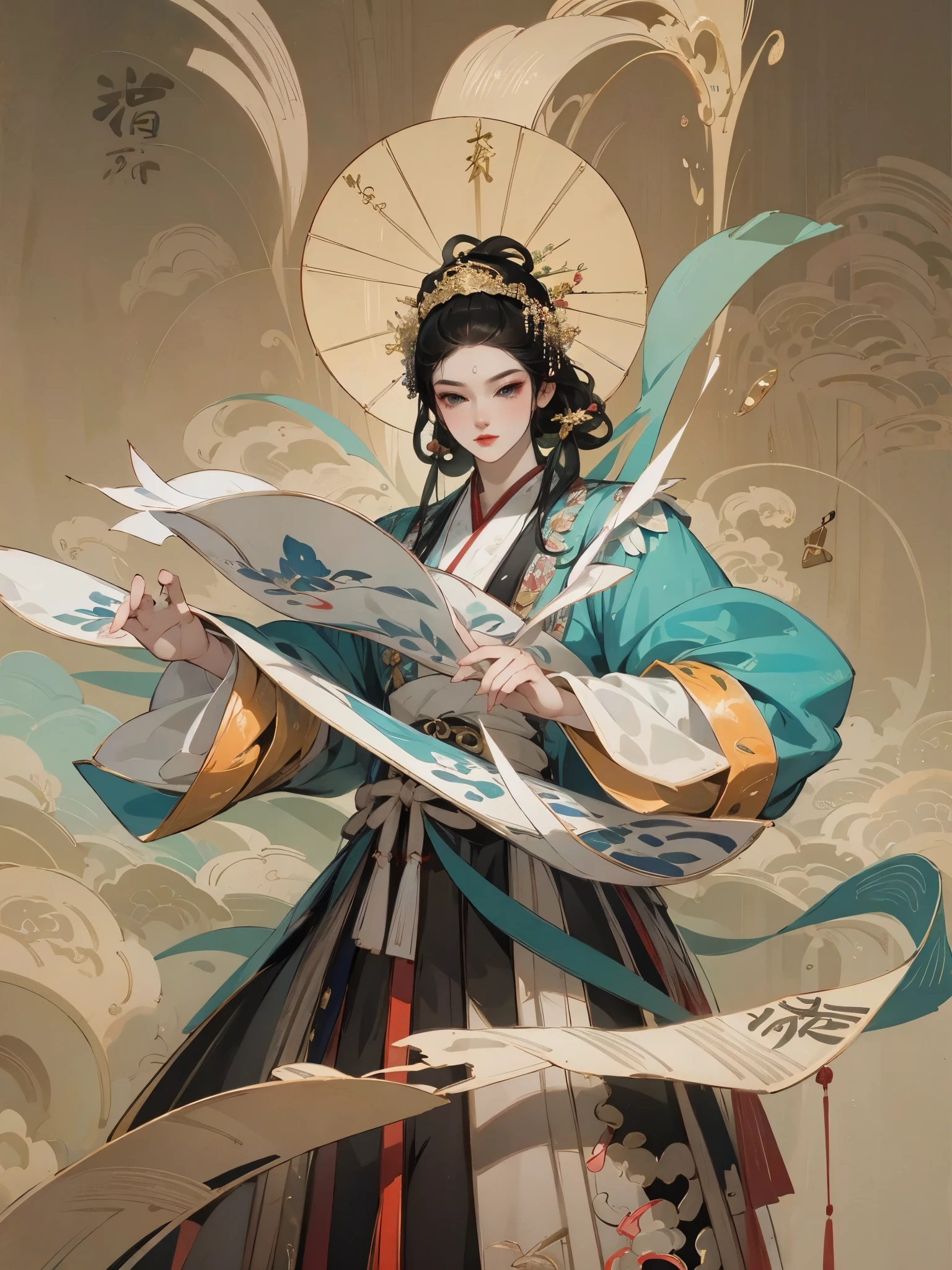 handsome Chinese standing in the air, writing calligraphy, flowing Gold transparent scroll, floating Gold transparent Chinese characters, dynamic action style, swirl background is a study room Chinese epic style, traditional animation top light, deep black tone, clear subject, ultra realistic Ultra detailed, rendering, high detail, ultra high quality, 8k --auto --s2