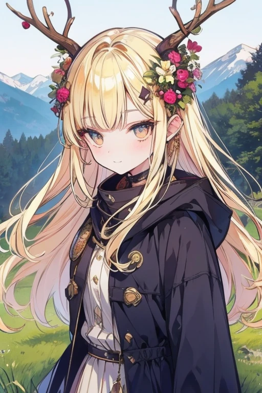 Unparalleled beauty,perfect face、rivulets、grassland、messy hair、dance、Beautiful mountain views、,perfect eyes、old-fashioned costume、retro style、Deer antlers grow from the head、、golden eyes、blonde、shy smile、、Luxury brand clothes、Outerwear、ファッションmodeled、modeled、、Full body Esbian,