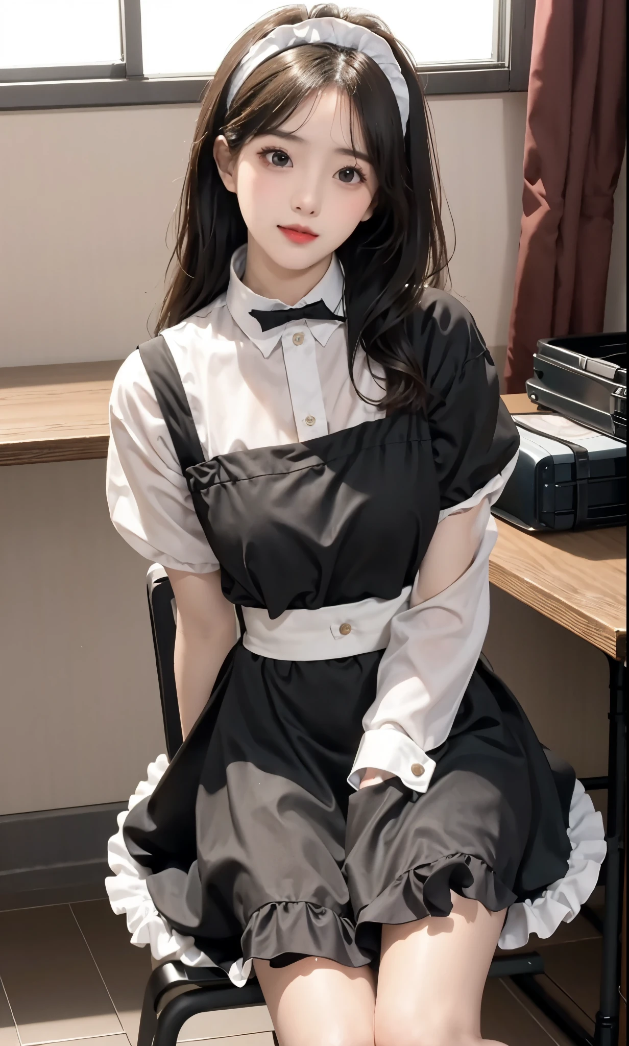 Special clothes39,maid,(knee shot),(8K, RAW photogr, lifelike:1.25),(inside a classroom, sitting on desk), a warm color palette, Color saturation, ( Gloss on lips, eyelash, Grossas, shiny skin, best quality, ultra high definition, depth of field, Color difference, Caustics, Extensive lighting, natural shadow, K-pop idol) Looking at the audience with calmness and goddess-like happiness,