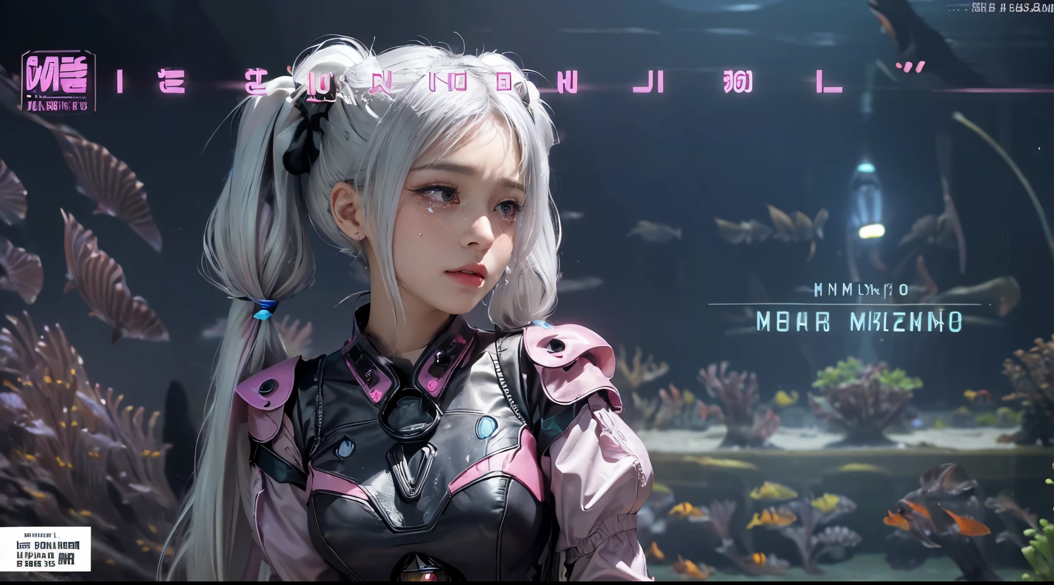 hair bobbles, wince, long eyelashes, solid circle eyes, light smile, ear blush, fang, (white hair), makeup, blush, sad, sad smile, drop shadow, anaglyph, atmospheric perspective, 8k, super detail, accurate, best quality, (cyberpunk), cinematic lighting, masterpiece,1girll, ((((short twintails)))), Colorful hair, flying, pink bows,((-yeld fee model)),( Stand Neck long sleeve black jacket), mecha, ((dress)), (((((aquarium)))))), (angel halo), ( wings), (((wide shot))), ((((text)))), (cover), bold, attention-grabbing, ((title)), stylish, (((font))), panorama, bottom shot, tile from below, title from side, title in middle, (((((magazine cover layout))))), (((( princess costume ))))