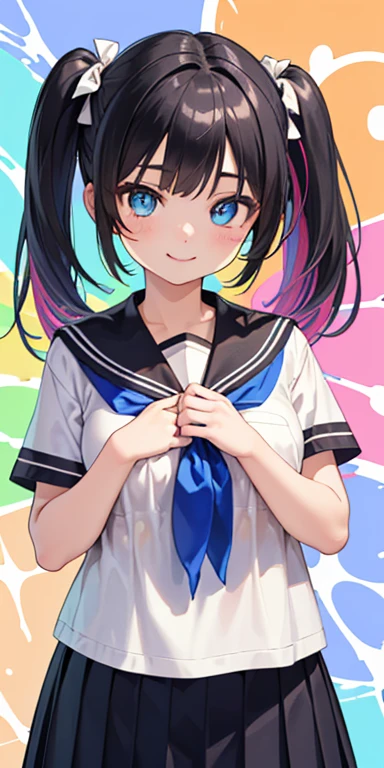 , (colorful fluorescence multicolored hair:1.5,short twintails:1.5,messy hair), (masterpiece, sidelights, exquisite beautiful eyes: 1.5), masterpieceportrait, realistic, {(colorful splash background:1.5)},3D face,(cute face),front view: 1.6、 (glowing blue eyes:1.2),plump face:1.5,(tareme:1.5)、(seductive smile:1.2),Rosy Mouth,Slim Body, shiny hair, shiny skin: 1.5、medium breasts,、solo,colorful,(stand)、(high school girl school uniform)、(charactor focus:1.5、portlate、cowboy shot),Shining brightly
