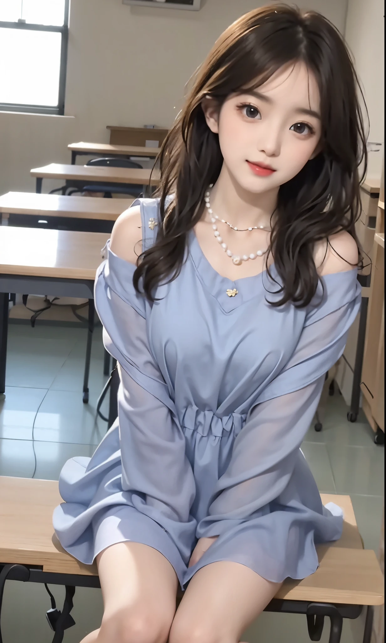Sweet girl clothes2,pearl necklace,blue dress,flower,  (knee shot),(8K, RAW photogr, lifelike:1.25),(inside a classroom, sitting on desk), a warm color palette, Color saturation, ( Gloss on lips, eyelash, Grossas, shiny skin, best quality, ultra high definition, depth of field, Color difference, Caustics, Extensive lighting, natural shadow, K-pop idol) Looking at the audience with calmness and goddess-like happiness,