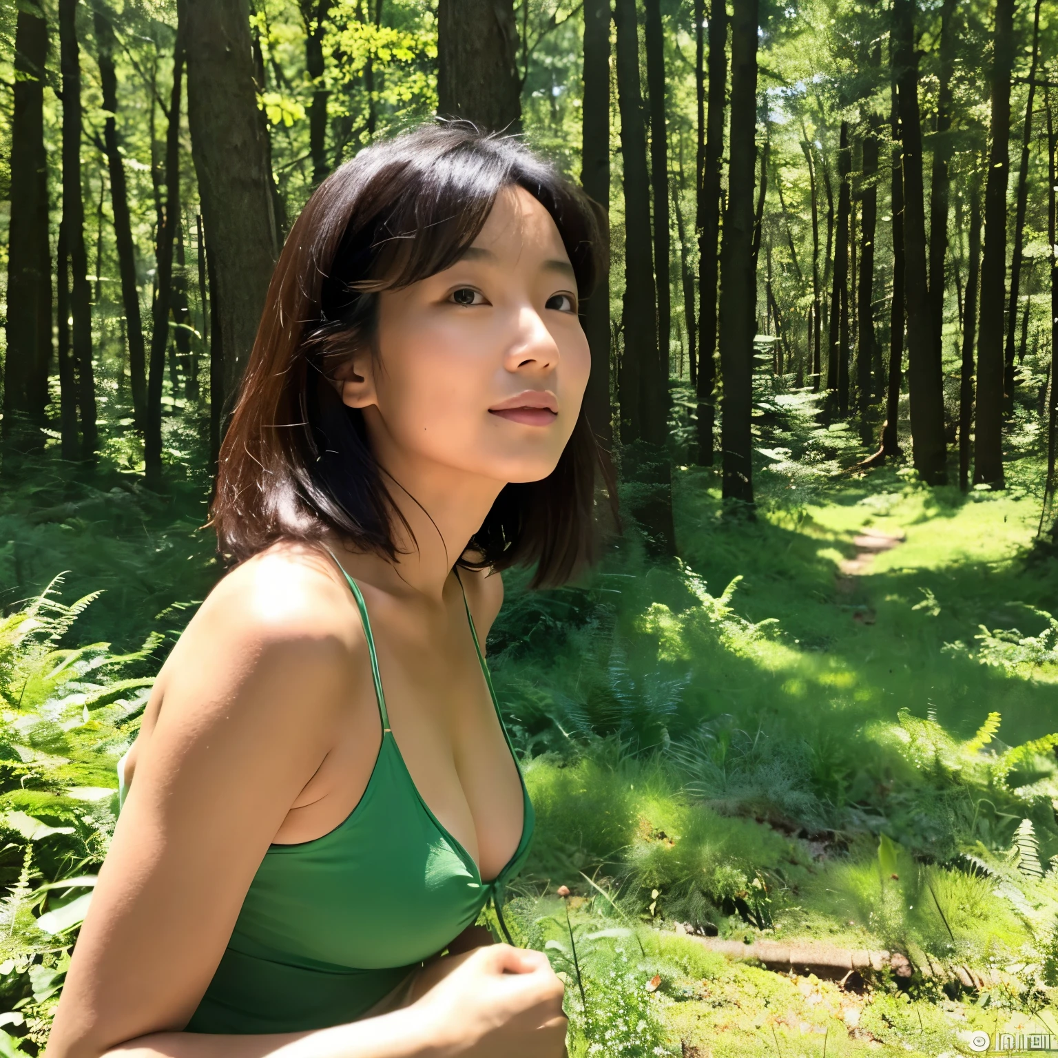 Asian woman in her 40s is sunbathing in the forest