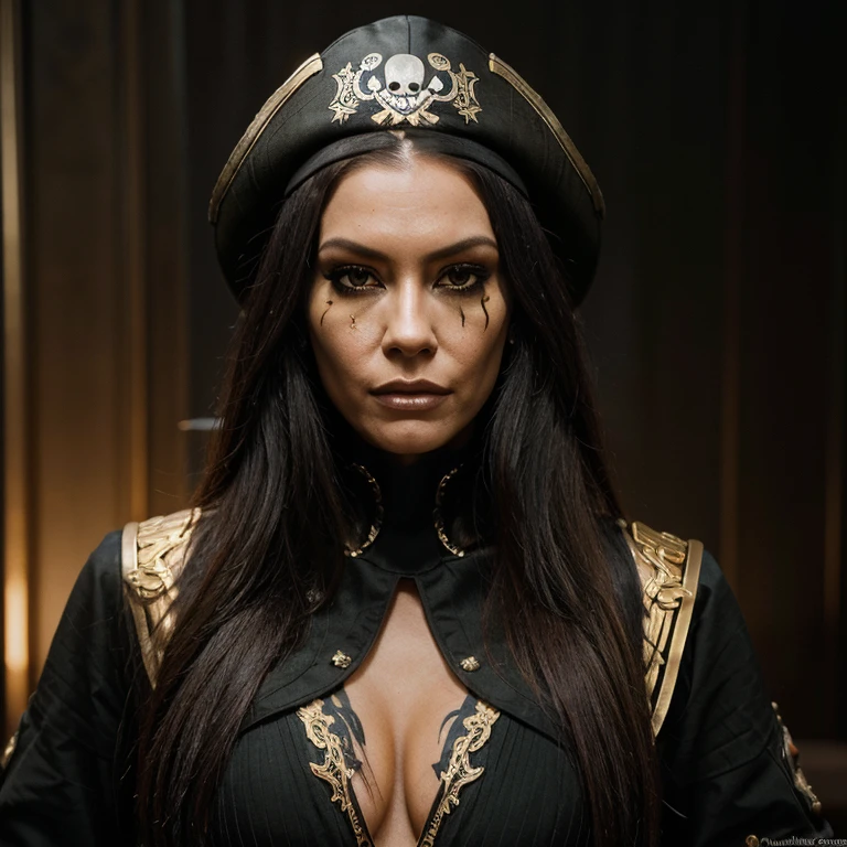 "Jenna Jameson, pirate Captain, beautiful, tattoo, face mask, wearing Full Black suit with Gold accents, dark eyes, dark imca background , intricate details, cinematic lighting, photo realistic, close-up portrait, Realism, Realistic, Dark Art, dark gold background, 8k, designed by H.R. Giger”