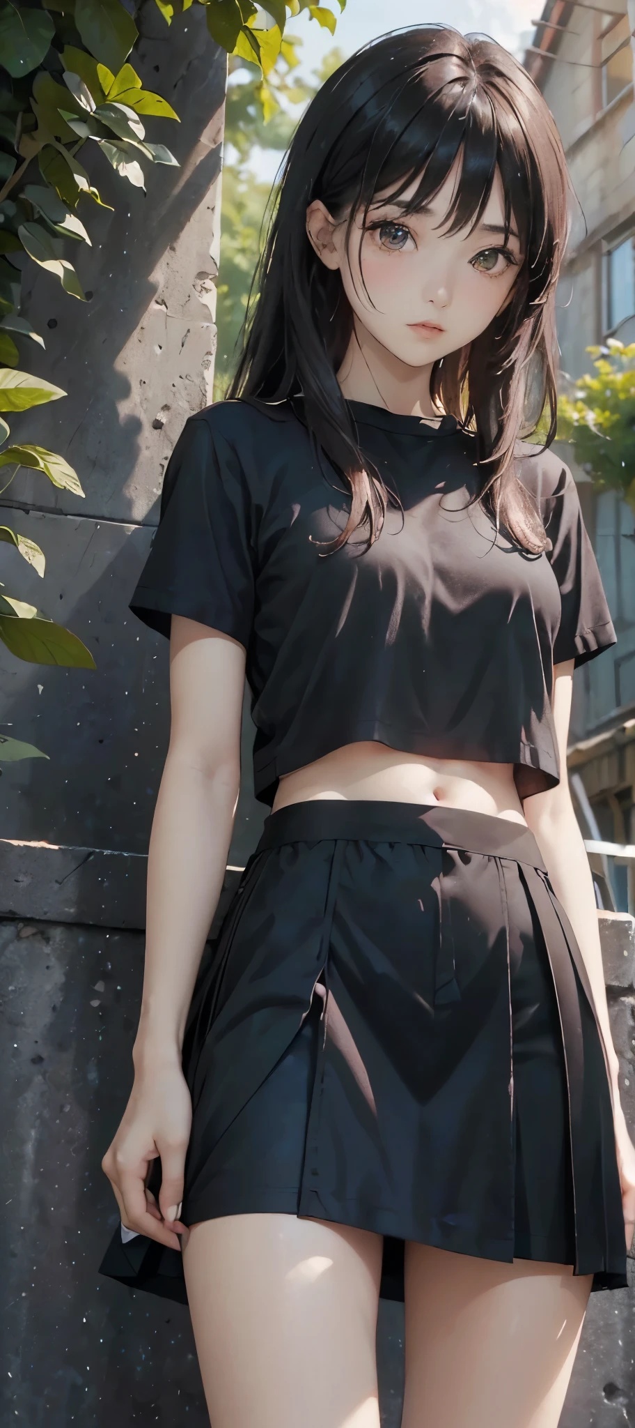 (((masterpiece, best quality, High Resolutions, hmeliza, 1girl, Hair over one eye, jewely, single thighhigh, midriff, black skirt, asymmetrical legwear, Pink shirt, black thighs, beltt, short miniskirt, Standing, Shot cowboy, outdoor, Featured, Flower )))