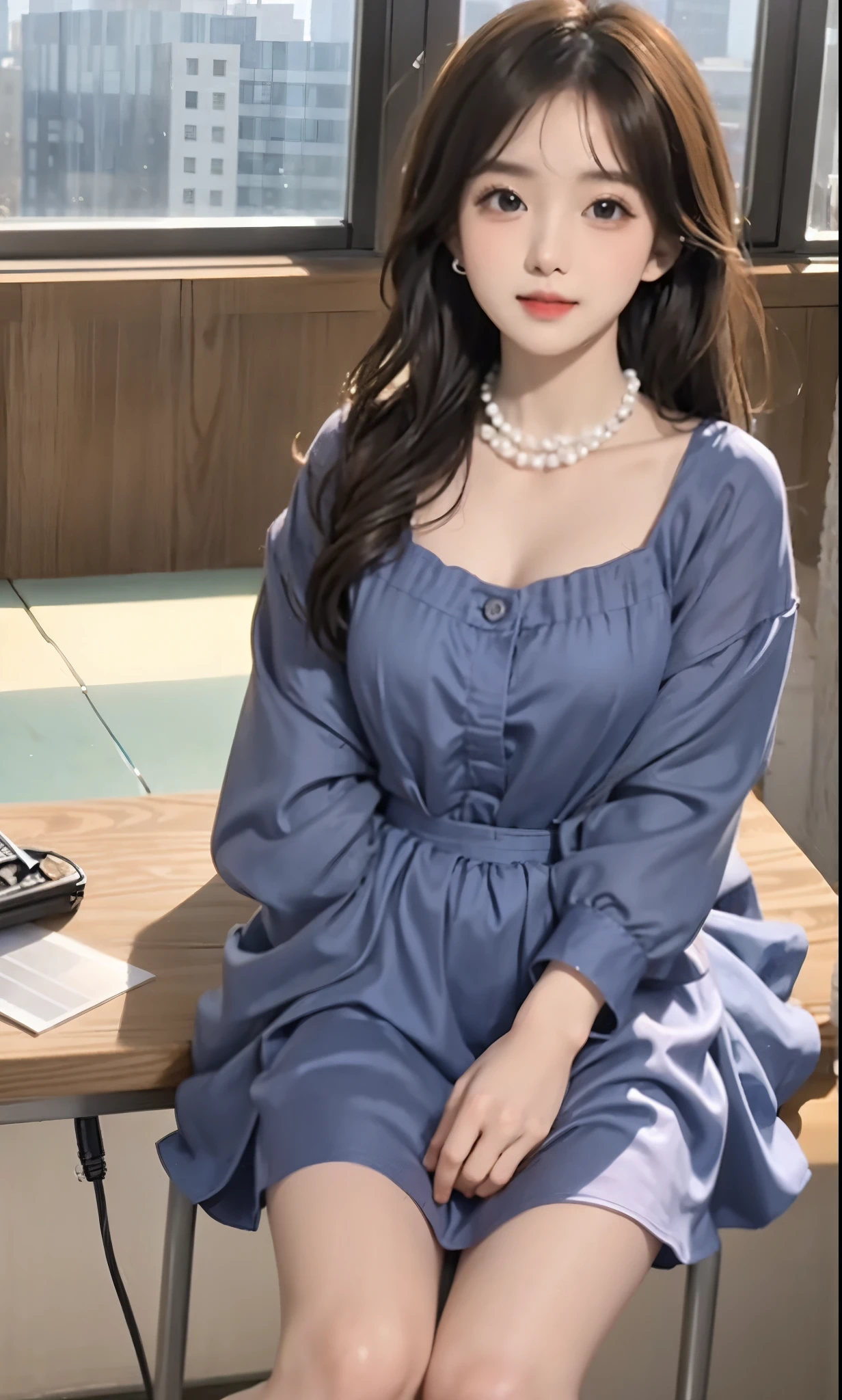 Sweet girl clothes2,pearl necklace,blue dress,flower, (knee shot),(8K, RAW photogr, lifelike:1.25),(inside a classroom, sitting on desk), a warm color palette, Color saturation, ( Gloss on lips, eyelash, Grossas, shiny skin, best quality, ultra high definition, depth of field, Color difference, Caustics, Extensive lighting, natural shadow, K-pop idol) Looking at the audience with calmness and goddess-like happiness,