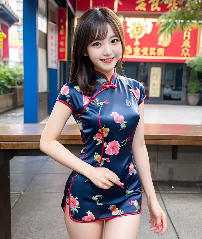 (Highest image quality、Reality、Raw photo)、Mini cheongsam、Solo Girl、Healthy thighs、cheerful smile、shortcut