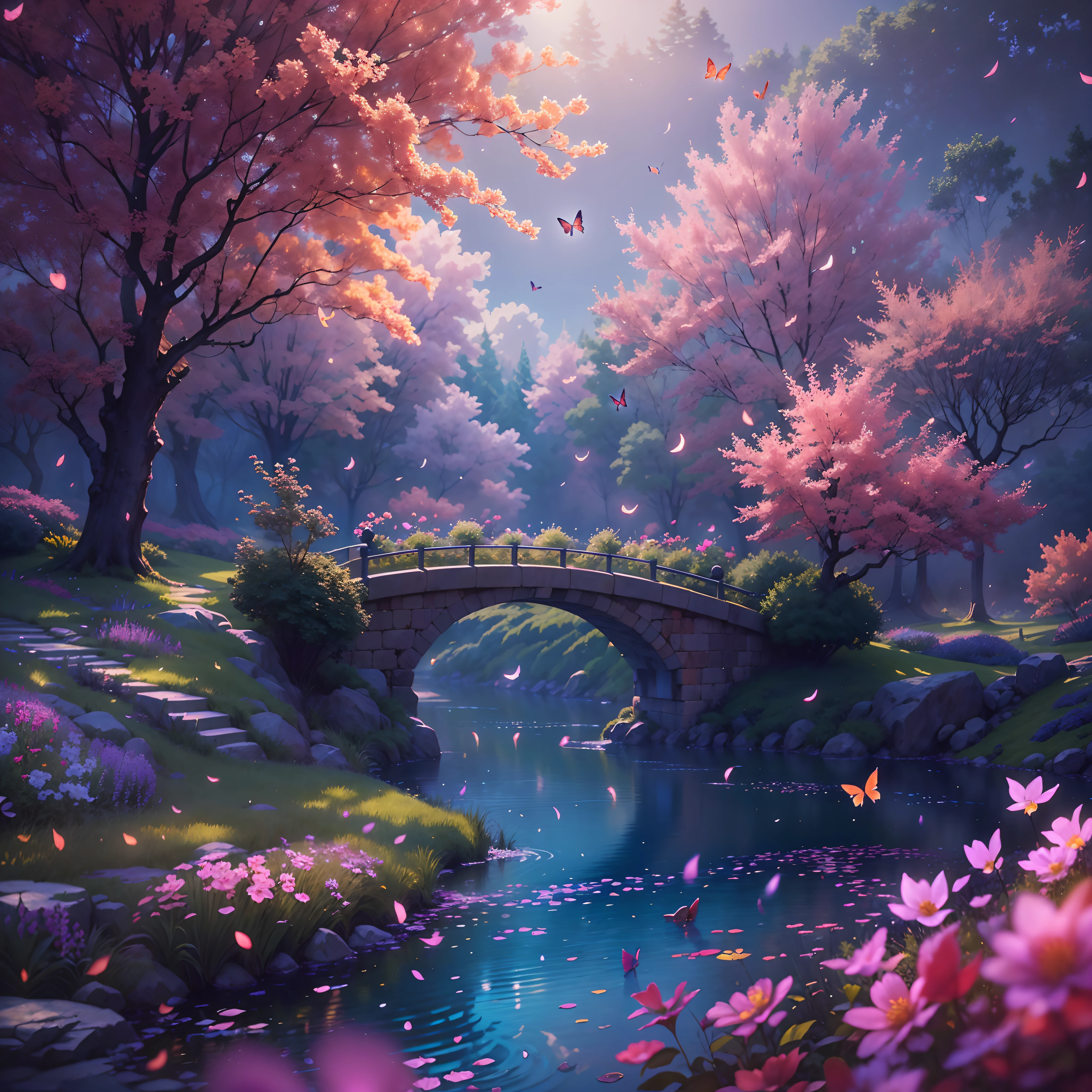 night，Monte，rose Garden,sky sky，space，starrysky,sky sky，galaxias，depth of field，Light，mist，Cherry tree，真实的Light与影，painterly,ethereal atmosphere,bright colors,Filmography，Dreamy and magical，Huang Li，particle effects，diffuse reflection，waterfall man，Colorful flowers,butterfliesdancing,Dreamy and whimsical,Peaceful and charming,Vibrant colors,Paintings come to life,Totally mesmerizing and mesmerizing,simply breathtaking.(best quality,4K,8K,high resolution,masterpiece:1.2),Super detailed,(actual,lifelike,照片般lifelike:1.37),