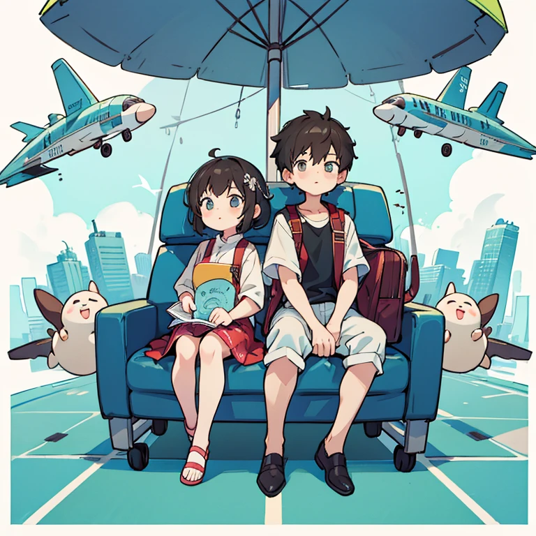 2 persons、one male one female, sitting on an aeroplace travelling