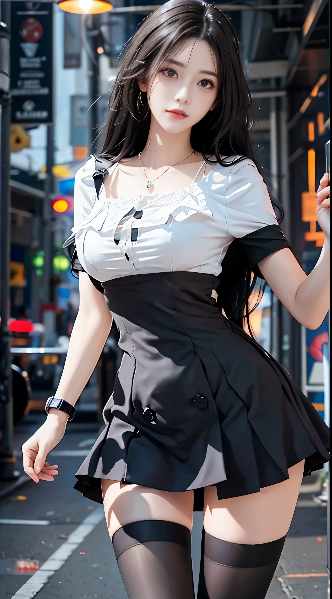 Sweet girl clothes5,high-waist skirt,jewelry,thighhighs, best quality， masterpiece， 1 girl， beautiful face， （照片lifelike：1.3）， edge lighting， （High detail skin：1.2）， 8K  UHD， digital SLR camera， high quality， high resolution， 4k， 8k， Bokeh， absurderes， Optimal proportions of four fingers and one thumb， （lifelike：1.3）， Cute 1girl, slim toned body, slender leg, A plump chest