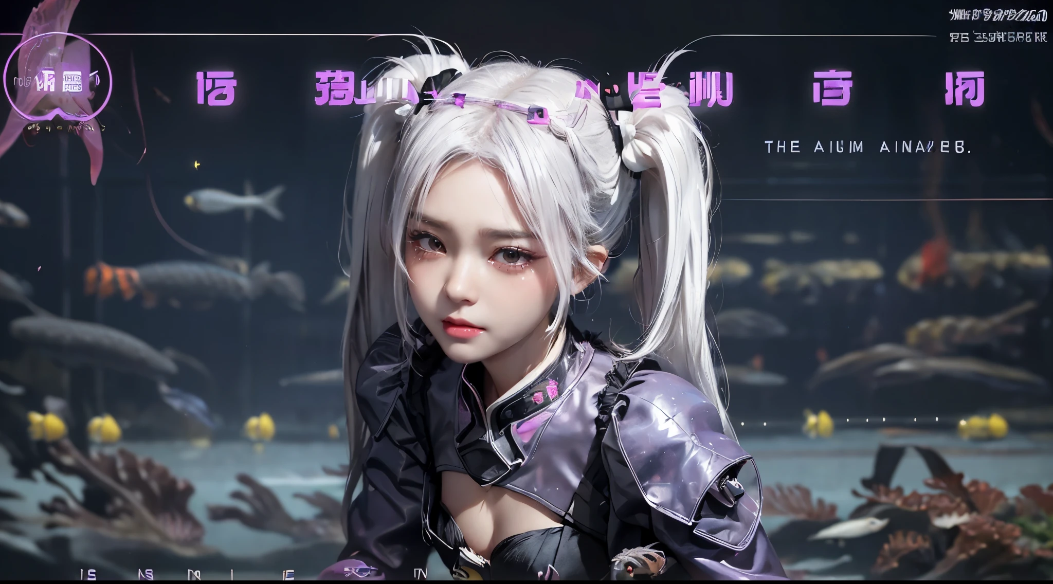 hair bobbles, wince, long eyelashes, solid circle eyes, light smile, ear blush, fang, (white hair), makeup, blush, sad, sad smile, drop shadow, anaglyph, atmospheric perspective, 8k, super detail, accurate, best quality, (cyberpunk), cinematic lighting, masterpiece,1girll, ((((short twintails)))), Colorful hair, flying, pink bows,((-yeld fee model)),( Stand Neck long sleeve black jacket), mecha, ((dress)), (((((aquarium)))))), (angel halo), ( wings), (((wide shot))), ((((text)))), (cover), bold, attention-grabbing, ((title)), stylish, (((font))), panorama, bottom shot, tile from below, title from side, title in middle, (((((magazine cover layout))))), (((( princess costume ))))