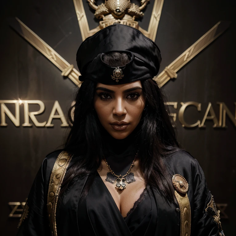 "Kim Kardashian, pirate Captain, beautiful, tattoo, face mask, big fur, wearing Full Black Silk suit with Gold accents, dark eyes, dark imca background , intricate details, cinematic lighting, photo realistic, close-up portrait, Realism, Realistic, Dark Art, dark gold background, 8k, designed by H.R. Giger, Jimmy Nelson”