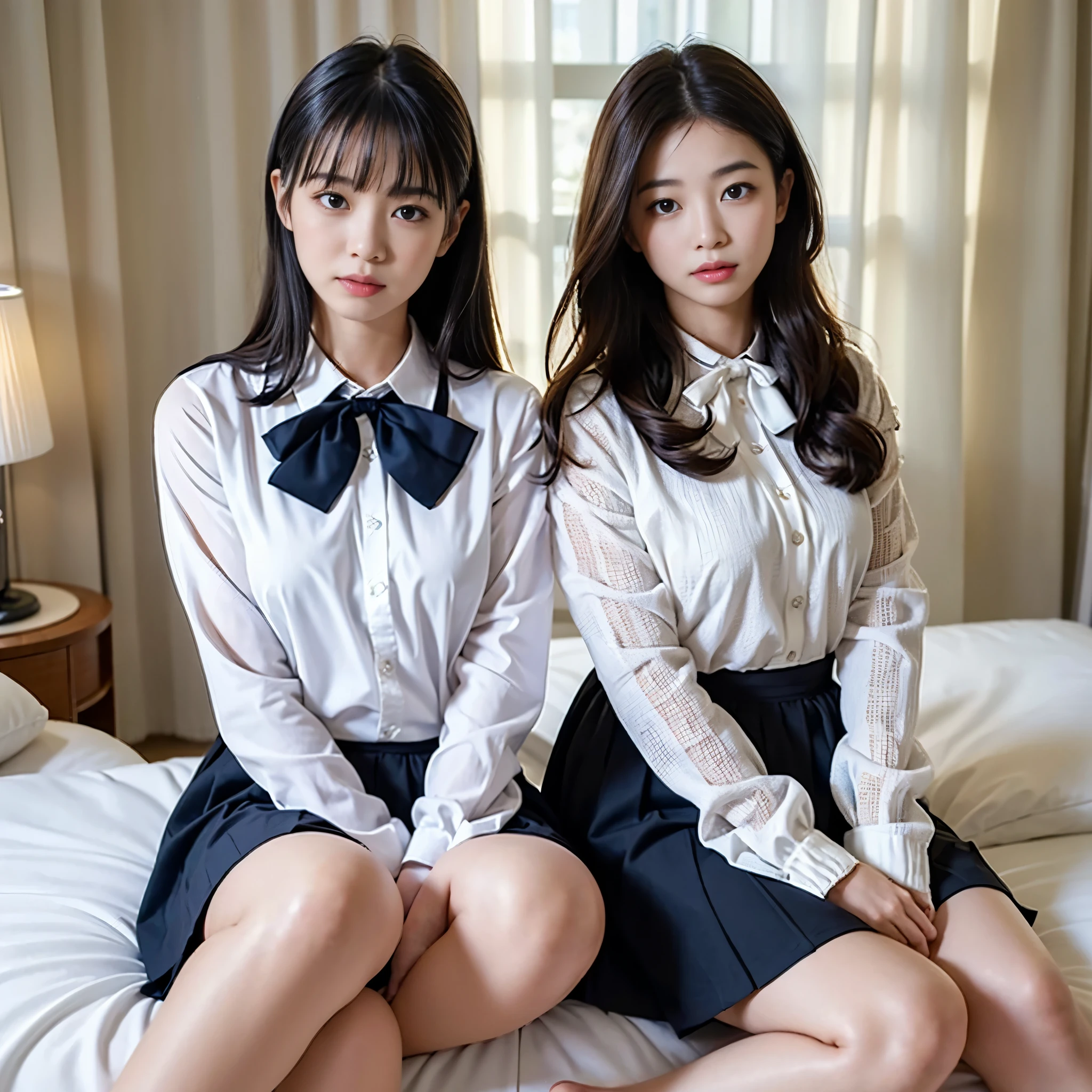 8K quality,(Photoreal: 1.4), (Hyperrealistic: 1.4), (Realistic: 1.3), (Smooth lighting: 1.05), (Improved Cinematic Lighting: 0.9), 32K, (In a dimly lit room),(There is only one character in the picture),(The entire character is in the middle of the screen),light grin,(1 Japanese woman), Age 22 years old,Realistic lighting, Backlight, Face Lights, Ray tracing, (Bright light: 1.2), (Quality improvement: 1.4), ( Top quality realistic texture skin: 1.4), Fine Detailed Eyes, Detailed face, Fine quality eye, Dark brown eyes, Feeling a little shy,(Wear round glasseeel optimistic and sunny(medium to large round),(Tired, Sleepy and Satisfied: 0.0), Pale light, White blouse, Bow tie, Navy blue skirt, Silk white ankle socks,(Didn't wear it),The edges roll up and wear out, Sit quietly on the bed