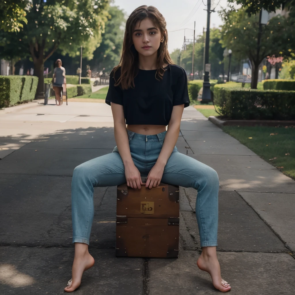 Actress Natalia Dyer, 8k, ultrarealistic, perfect face structure, hyperrealistic, masterpiece, fullbody view, best quality, high Definition, Long pants, no shoes, barefoot, midriff shirt