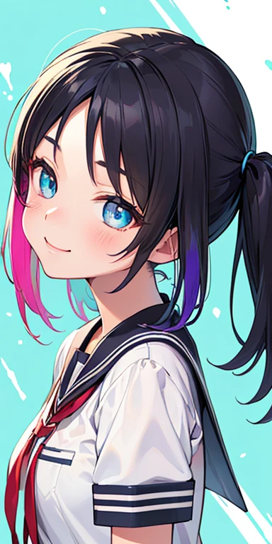 baby face, (colorful fluorescence multicolored hair:1.5,short twintails:1.5,messy hair), (masterpiece, sidelights, exquisite beautiful eyes: 1.5), masterpiece*portrait, realistic, {(colorful splash background:1.5)},3D face,(cute face),front view: 1.6、 (glowing blue eyes:1.2),plump face:1.5,(tareme:1.5)、(seductive smile:1.2),Rosy Mouth,Slim Body, shiny hair, shiny skin: 1.5、medium breasts,、solo,colorful,(stand)、(high school girl school uniform)、(charactor focus:1.5、portlate、cowboy shot),sparkling particles