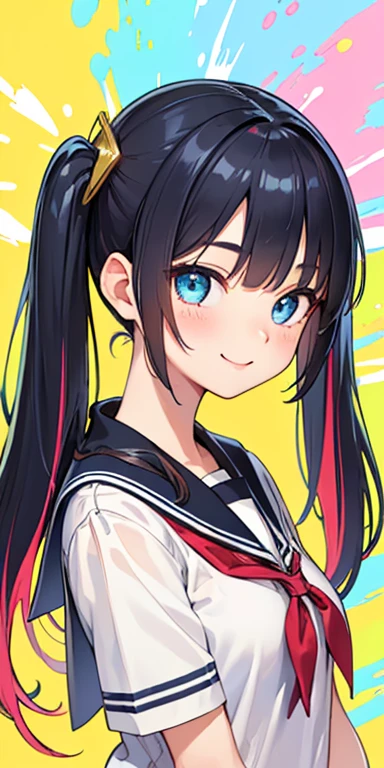 baby face, (colorful fluorescence multicolored hair:1.5,short twintails:1.5,messy hair), (masterpiece, sidelights, exquisite beautiful eyes: 1.5), masterpiece*portrait, realistic, {(colorful splash background:1.5)},3D face,(cute face),front view: 1.6、 (glowing blue eyes:1.2),plump face:1.5,(tareme:1.5)、(seductive smile:1.2),Rosy Mouth,Slim Body, shiny hair, shiny skin: 1.5、medium breasts,、solo,colorful,(stand)、(high school girl school uniform)、(charactor focus:1.5、portlate、cowboy shot),sparkling particles