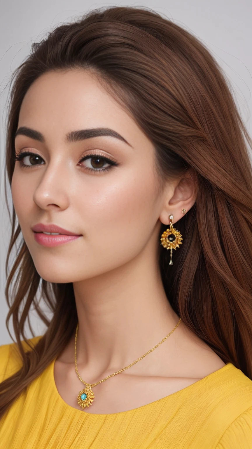 Un primer plano de una mujer con un top negro y pendientes dorados, Pendientes de oro, pendientes grandes, pendientes enormes, Pendientes, un pendiente, usar aretes ornamentados, pendientes gigantes, Pendiente de oro, pendientes largos, Intrincados detalles finos en oro, Usando ribes doradas, arete, Pendientes de aro de oro, Pendientes, por Emma Andijewska