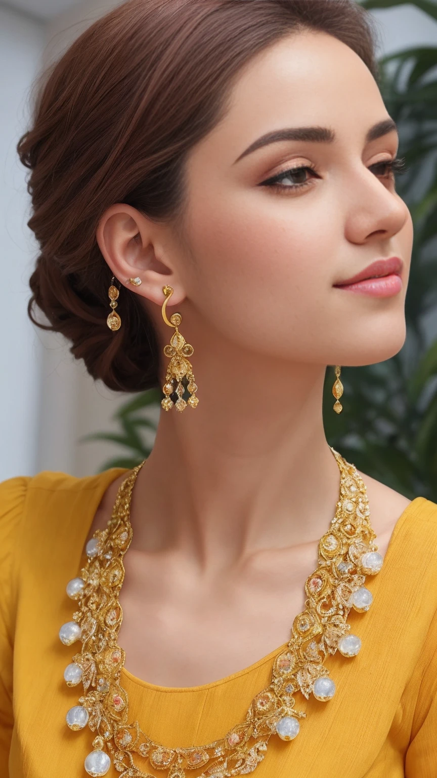 Un primer plano de una mujer con un top negro y pendientes dorados, Pendientes de oro, pendientes grandes, pendientes enormes, Pendientes, un pendiente, usar aretes ornamentados, pendientes gigantes, Pendiente de oro, pendientes largos, Intrincados detalles finos en oro, Usando ribes doradas, arete, Pendientes de aro de oro, Pendientes, por Emma Andijewska