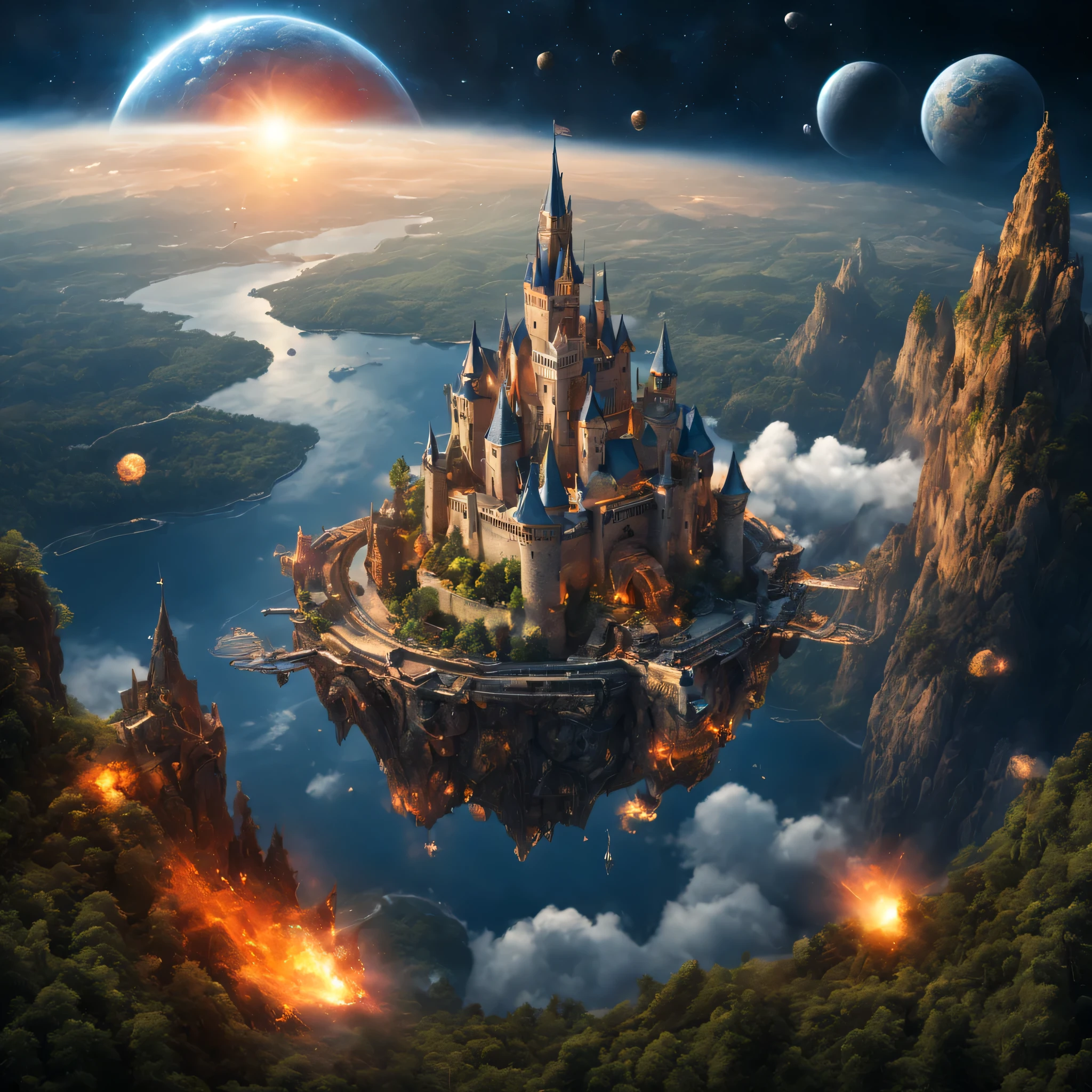 ((Medieval European castle floating in space)),Floating castle,A robot named Hiryu made of inorganic materials is flying around.,((Dragon rider in spacesuit)),beautiful and majestic scenery,,Earth seen from space,A dream-like scene that combines medieval and science fiction,solemn atmosphere of the Middle Ages,Sci-Fi Light Effects,planets and satellites visible in the distance,stardust,Starshine,Complex colors,​masterpiece