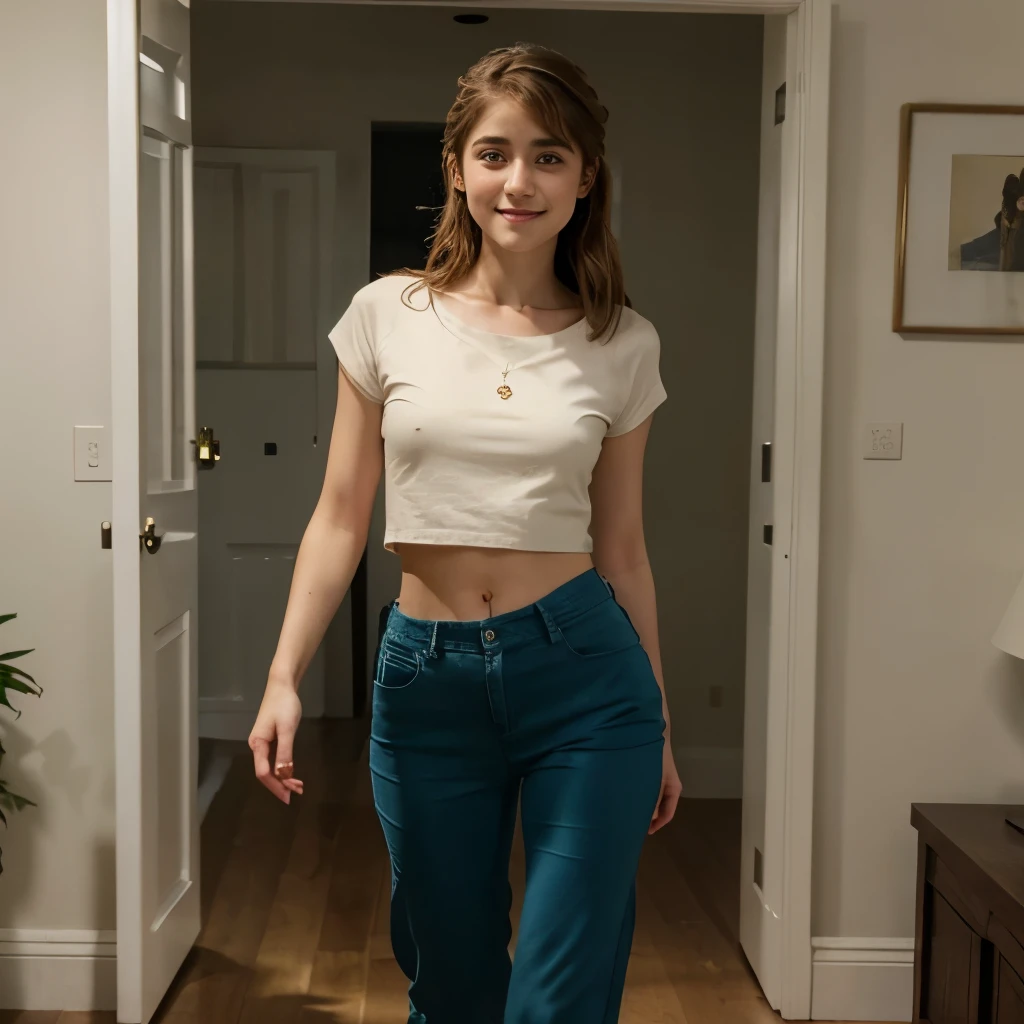 Actress Natalia Dyer, 8k, ultrarealistic, perfect face structure, hyperrealistic, masterpiece, fullbody view, best quality, high Definition, Long pants, no shoes, barefoot, midriff shirt, realistic body movement, smile