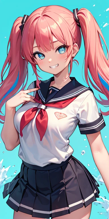 baby face, (colorful fluorescence multicolored  hair:1.5,short twintails:1.5,messy hair), (masterpiece, sidelights, exquisite beautiful eyes: 1.5), masterpiece*portrait, realistic, {(colorful splash background:1.5)},3D face,(cute face),front view: 1.6、 (glowing blue eyes:1.2),plump face:1.5,(tareme:1.5)、(grin:1.2),Rosy Mouth,Slim Body, shiny hair, shiny skin: 1.5、medium breasts,、solo,colorful,(stand)、(high school girl school uniform)、(charactor focus:1.5、portlate、cowboy shot),(sparkling particles)