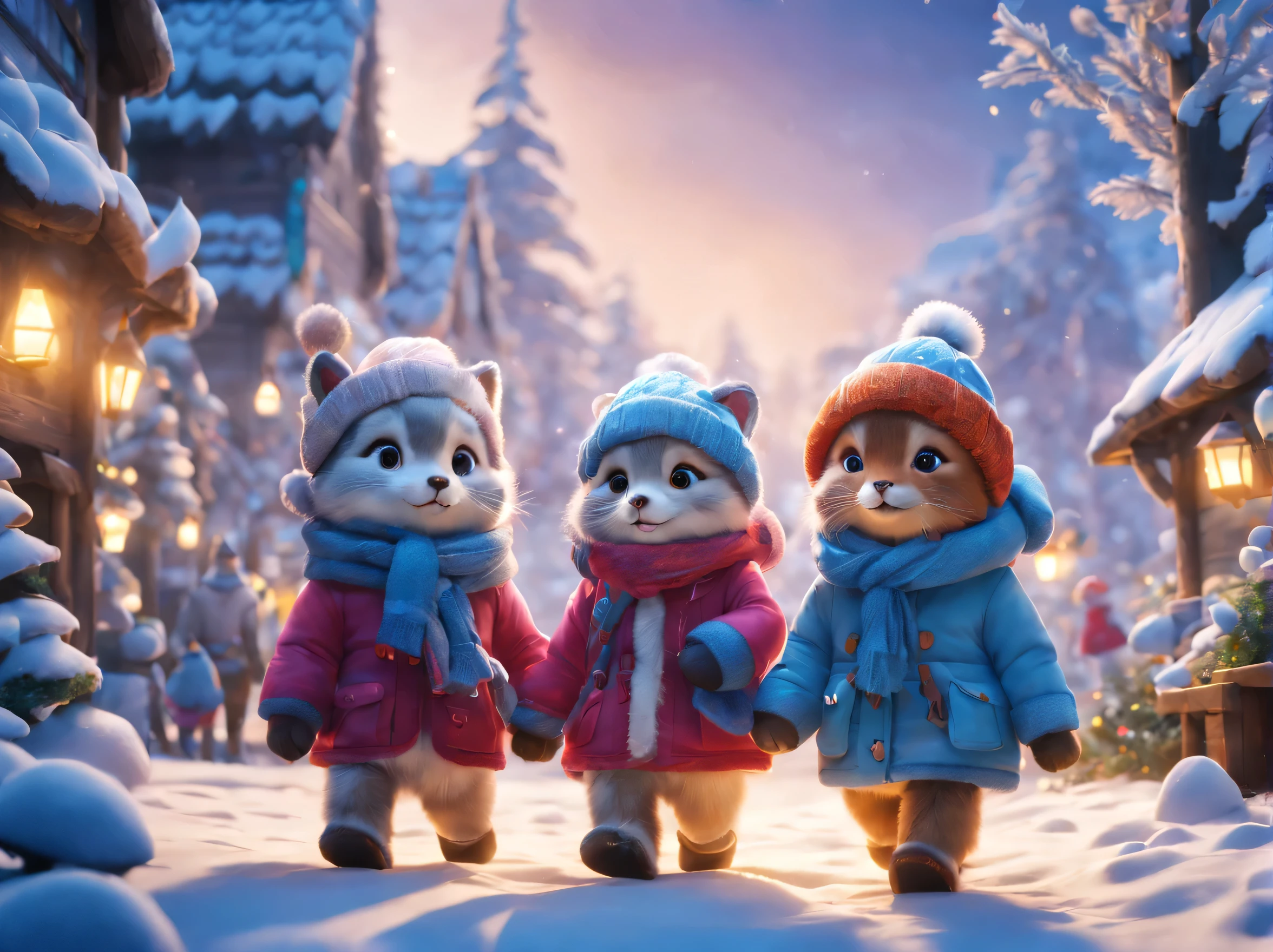 (Winter wonderland)、Atmospheric Oliva Lighting、kirakira,4K UHD、Great composition with great detail and vibrant colors、rendering octane、foco nítido、high-resolutionisometric,​masterpiece,(magical lights),,Magic effect anthropomorphic animals are walking:Winter clothes,A dreamy sight