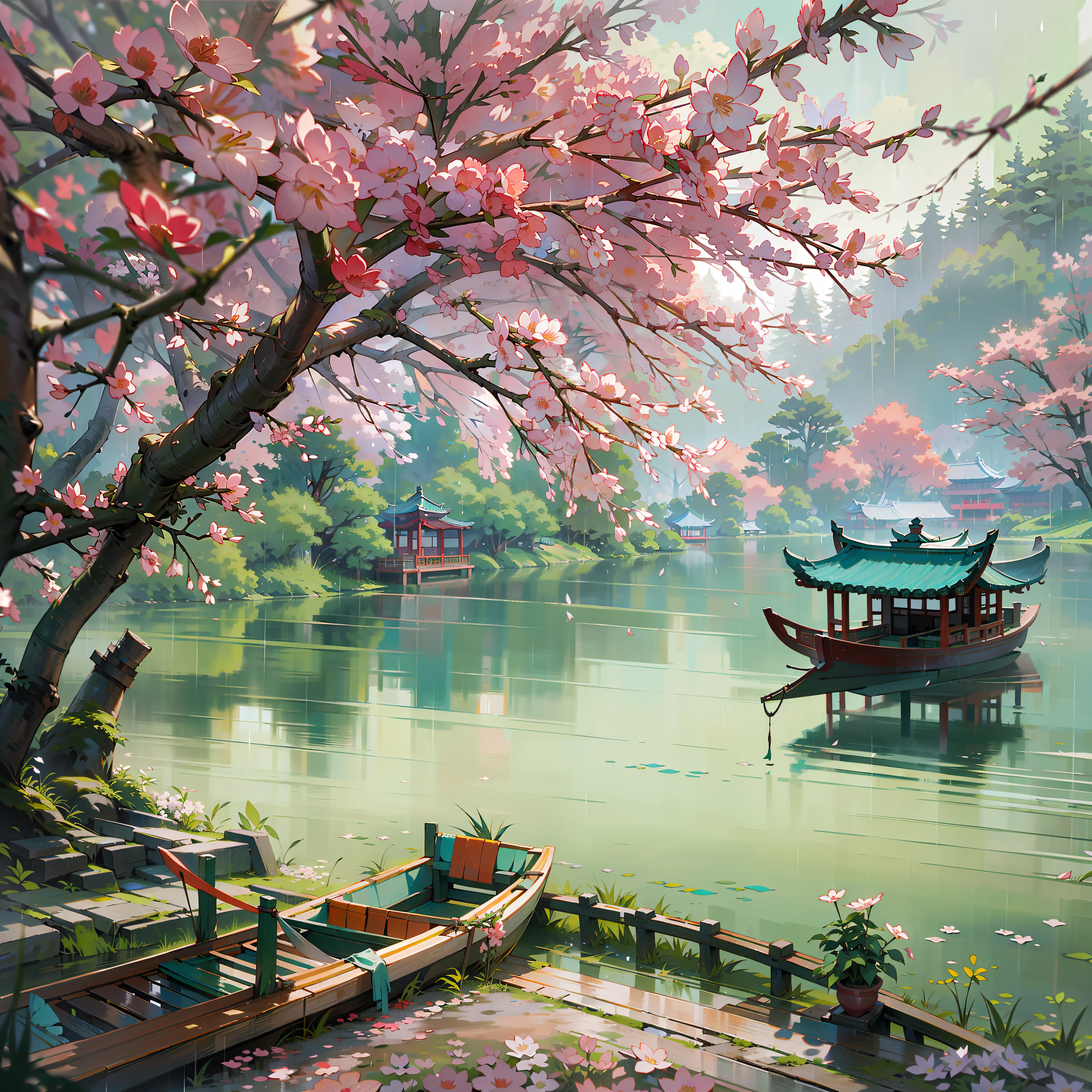 春天已经如rain后春笋般涌现,The scene is grand,Jiangnan scenery,Red flowers and green willows,turquoise lake(turquoise lake × 2.0),calm lake,west lake landscape,A small boat with a colorful canopy(There is only one),An ancient Chinese poet was sitting on the boat(only one),【The boats contrast sharply with the vastness of the lake】,细rain(rainy days),rait,green trees,Vision,a sense of atmosphere,Chinese style,in the distance, A corner of the pavilion is looming,ancient Chinibrant colors,Rule of thirds composition, Highest image quality,Visually stunning。