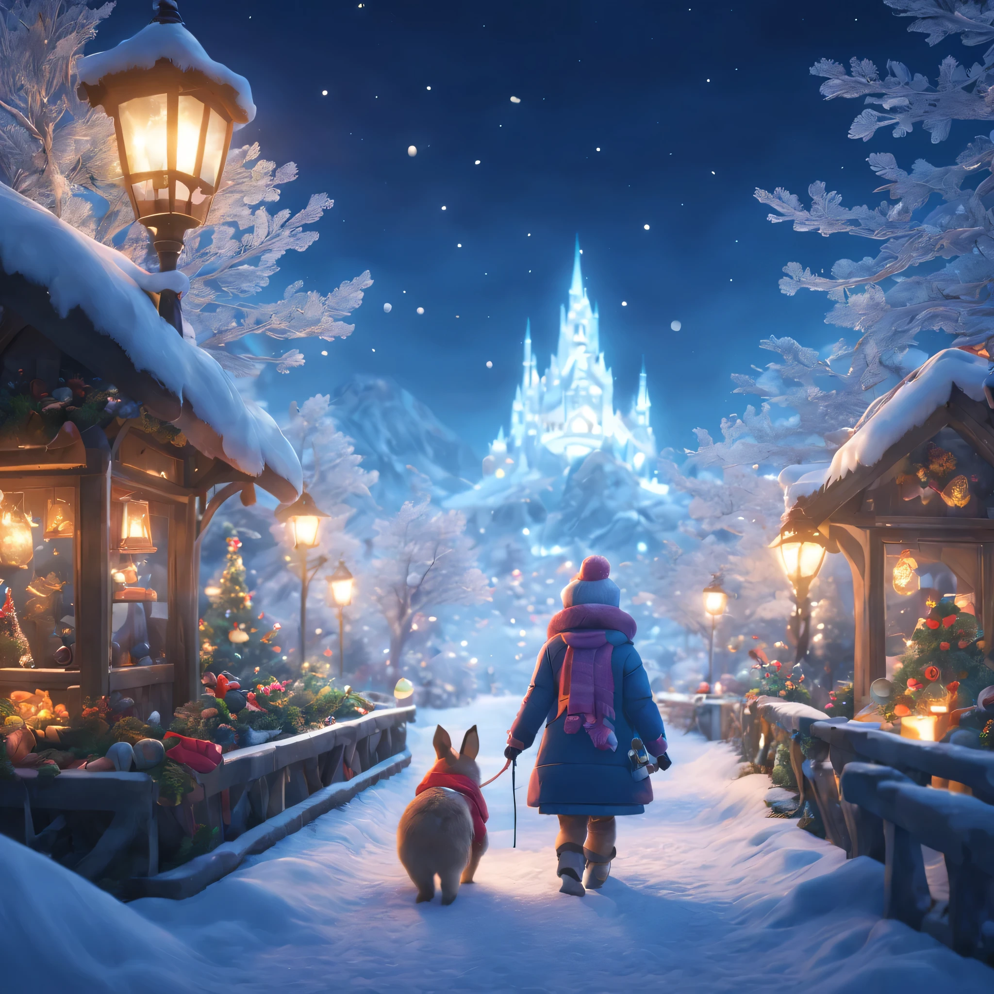 (Winter wonderland)、Atmospheric Oliva Lighting、kirakira,4K UHD、Great composition with great detail and vibrant colors、rendering octane、foco nítido、high-resolutionisometric,​masterpiece,(magical lights),,Magic effect anthropomorphic animals are walking:Winter clothes,A dreamy sight