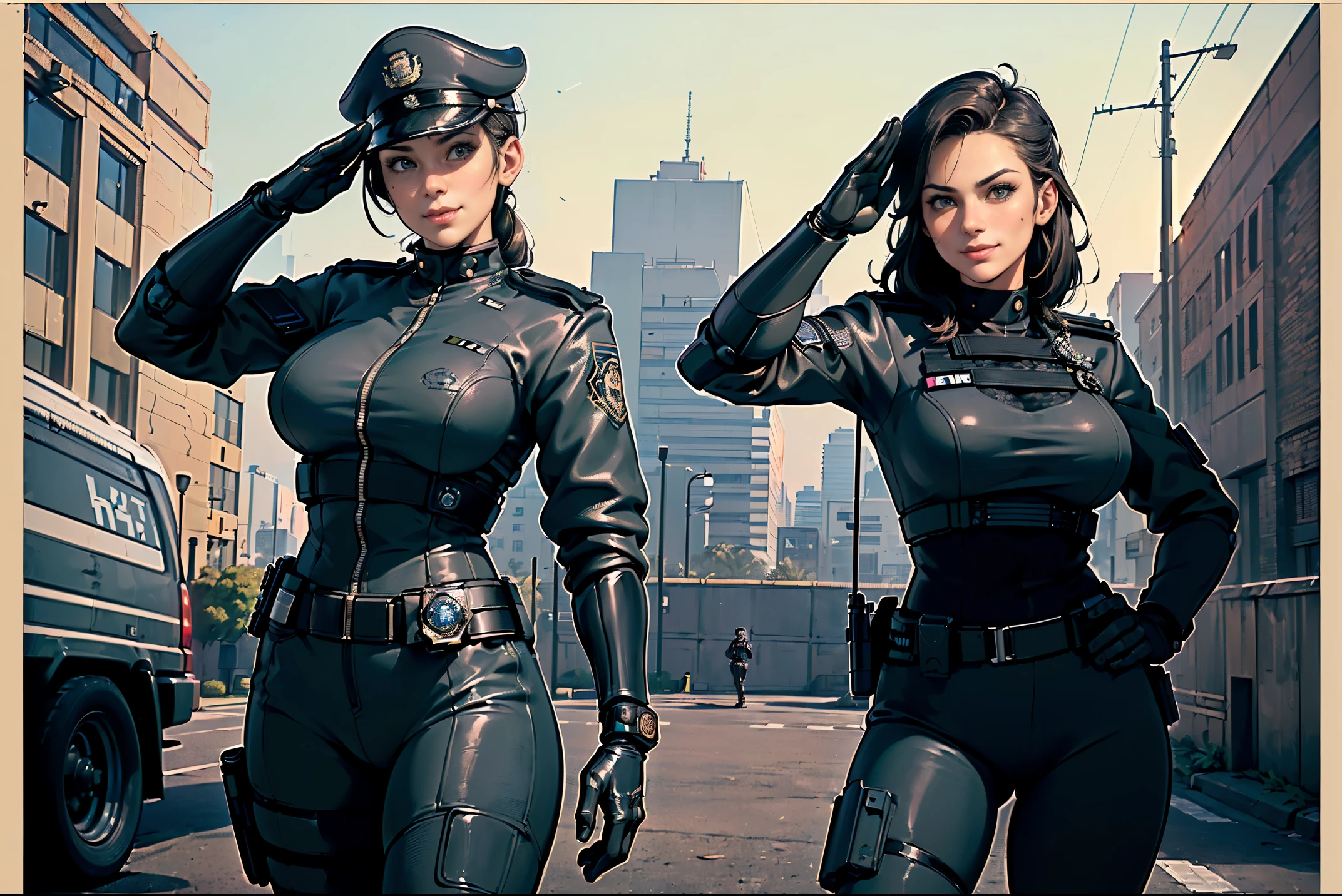 ((masterpiece,highest quality,8K,Super detailed,high resolution,High resolution)),Two female police officers are standing in front of a police car.,(looking at me:1.5),(saluting with one hand:1.5),(smile:1.0),(near future:1,5),(cyber punk:1.1),(wearing tactical equipment:1.5),(movie poster:1.1),(Detailed background drawing:1.4),(Detailed figure drawing:1.4)