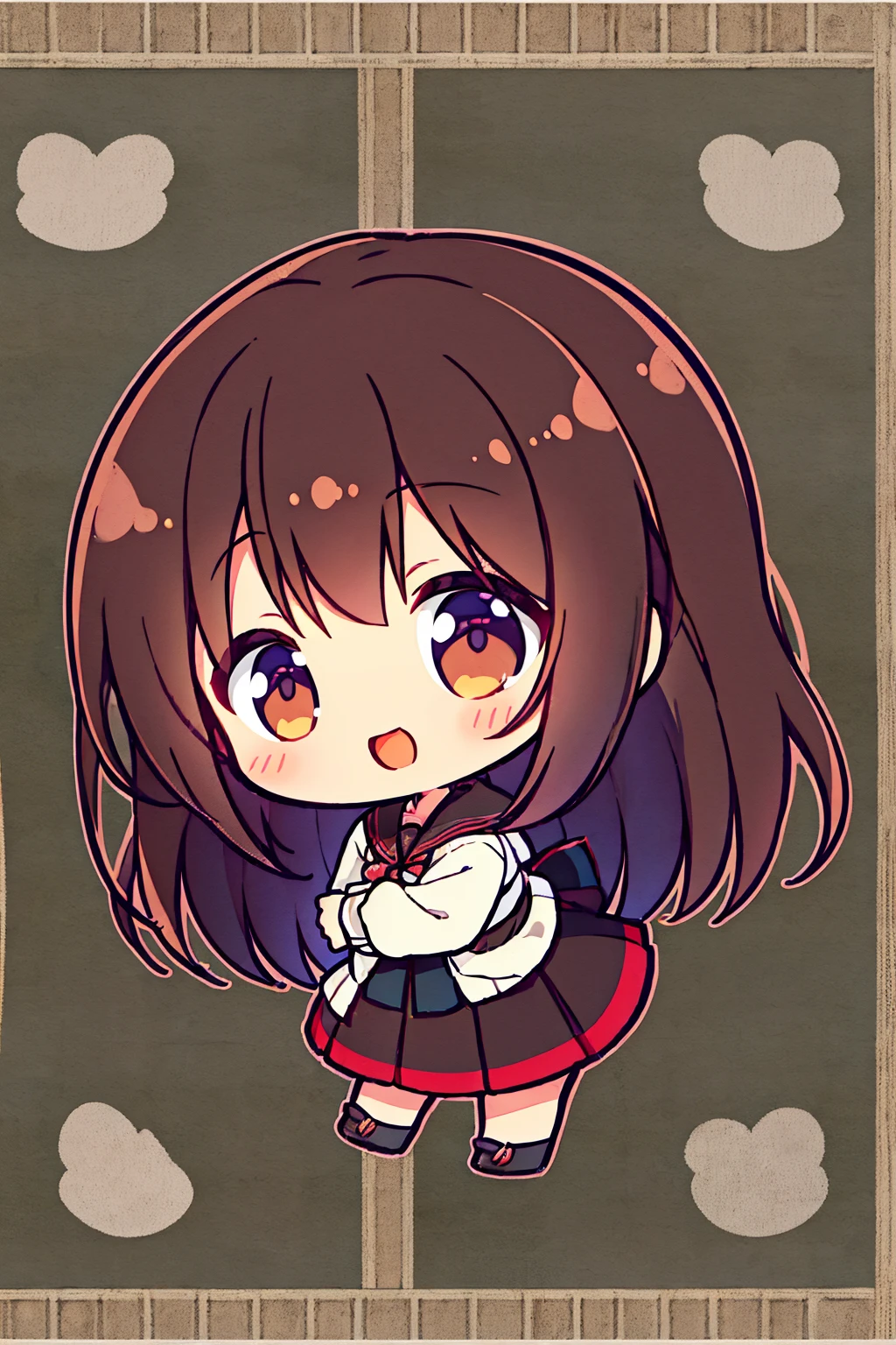 one girls、(masutepiece)、high-level image quality、A dark-haired、Longhaire、(From diagonally front:1.2)、Brown eyes、Delicate eyes、military outfits+skirt by the、(white backgrounid:1.2)、closed eyes smile、Smile with open mouth、(Chibi)、Colorful