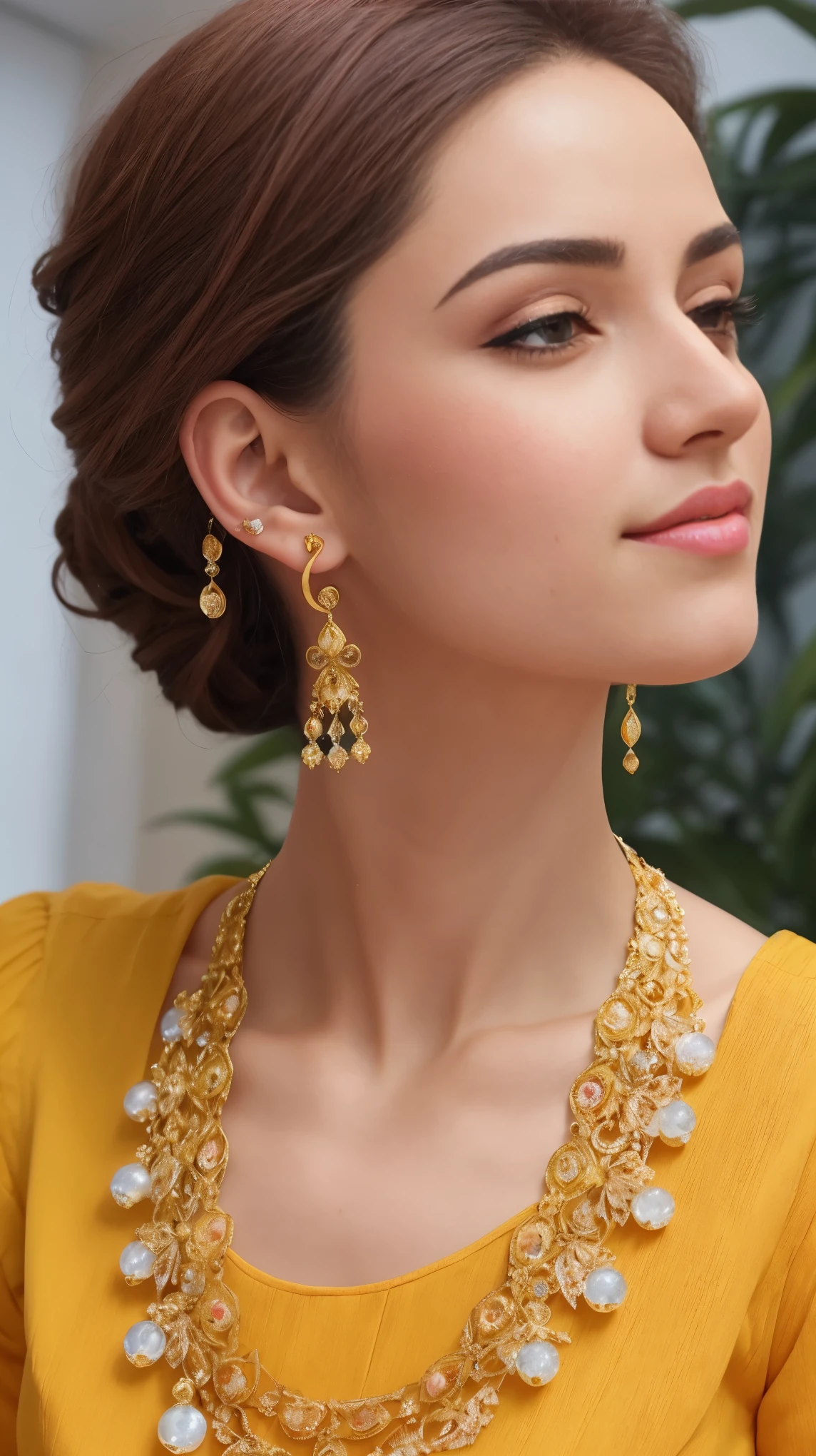 Un primer plano de una mujer con un top negro y pendientes dorados, Pendientes de oro, pendientes grandes, pendientes enormes, Pendientes, un pendiente, usar aretes ornamentados, pendientes gigantes, Pendiente de oro, pendientes largos, Intrincados detalles finos en oro, Usando ribes doradas, arete, Pendientes de aro de oro, Pendientes, por Emma Andijewska