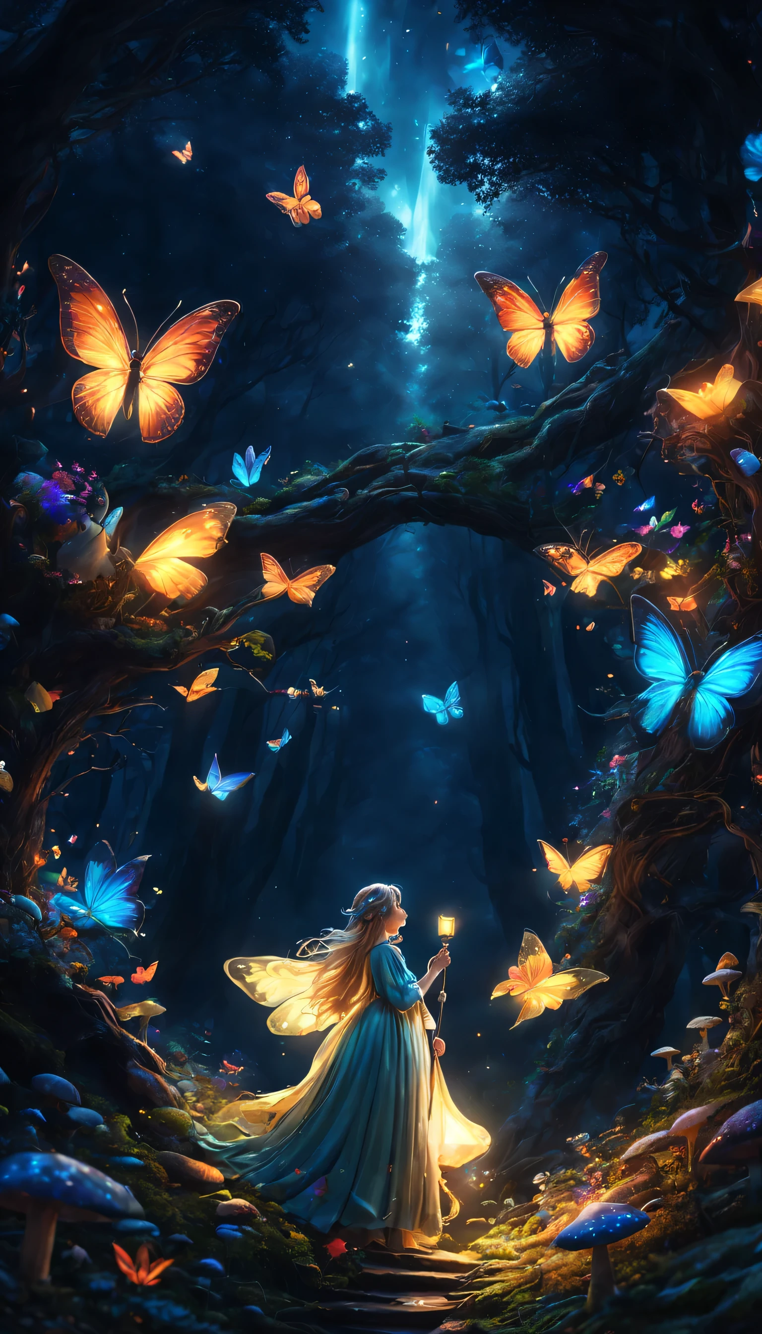 (fairy forest)、Atmospheric Oliva Lighting、kirakira,4K UHD、Great composition with great detail and vibrant colors、rendering octane、foco nítido、high-resolutionisometric,(magical lights),Magic Effects,(Glowing butterfly flock of butterflies),Luminous mushrooms,Magic lamp,huge pussy,A figure of a traveler wearing a black robe,forest at night,Medieval European style,strange shaped tree々,masterpiece,Angel Ladder,