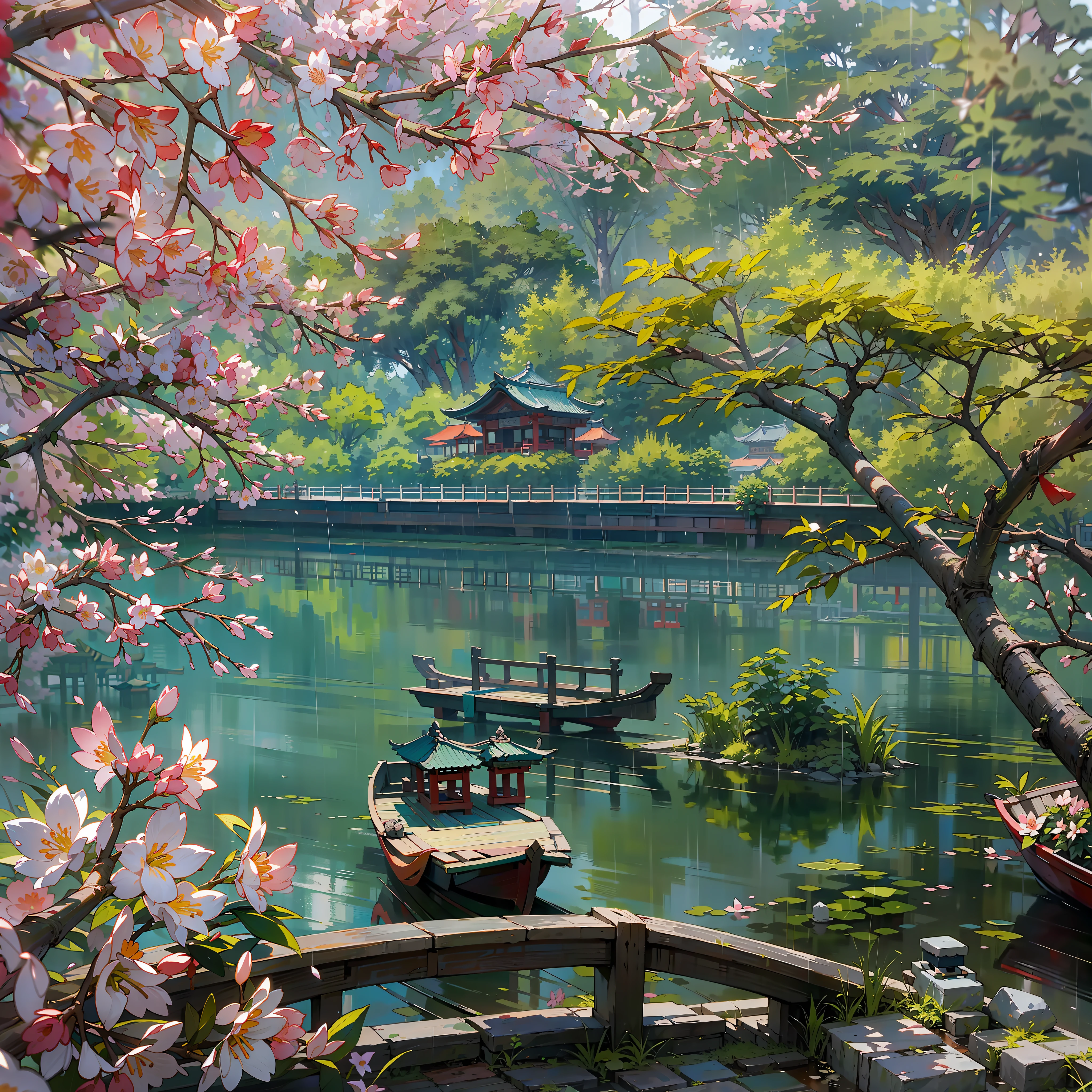 春天已经如rain后春笋般涌现,The scene is grand,Jiangnan scenery,Red flowers and green willows,turquoise lake(turquoise lake × 2.0),calm lake,west lake landscape,A small boat with a colorful canopy(There is only one),An ancient Chinese poet was sitting on the boat(only one),【The boat contrasts sharply with the vast lake surface】,细rain(rain天),rait,green trees,Vision,a sense of atmosphere,Chinese style,in the distance, A corner of the pavilion is looming,ancient Chinibrant colors,Rule of thirds composition, Highest image quality,Visually stunning。