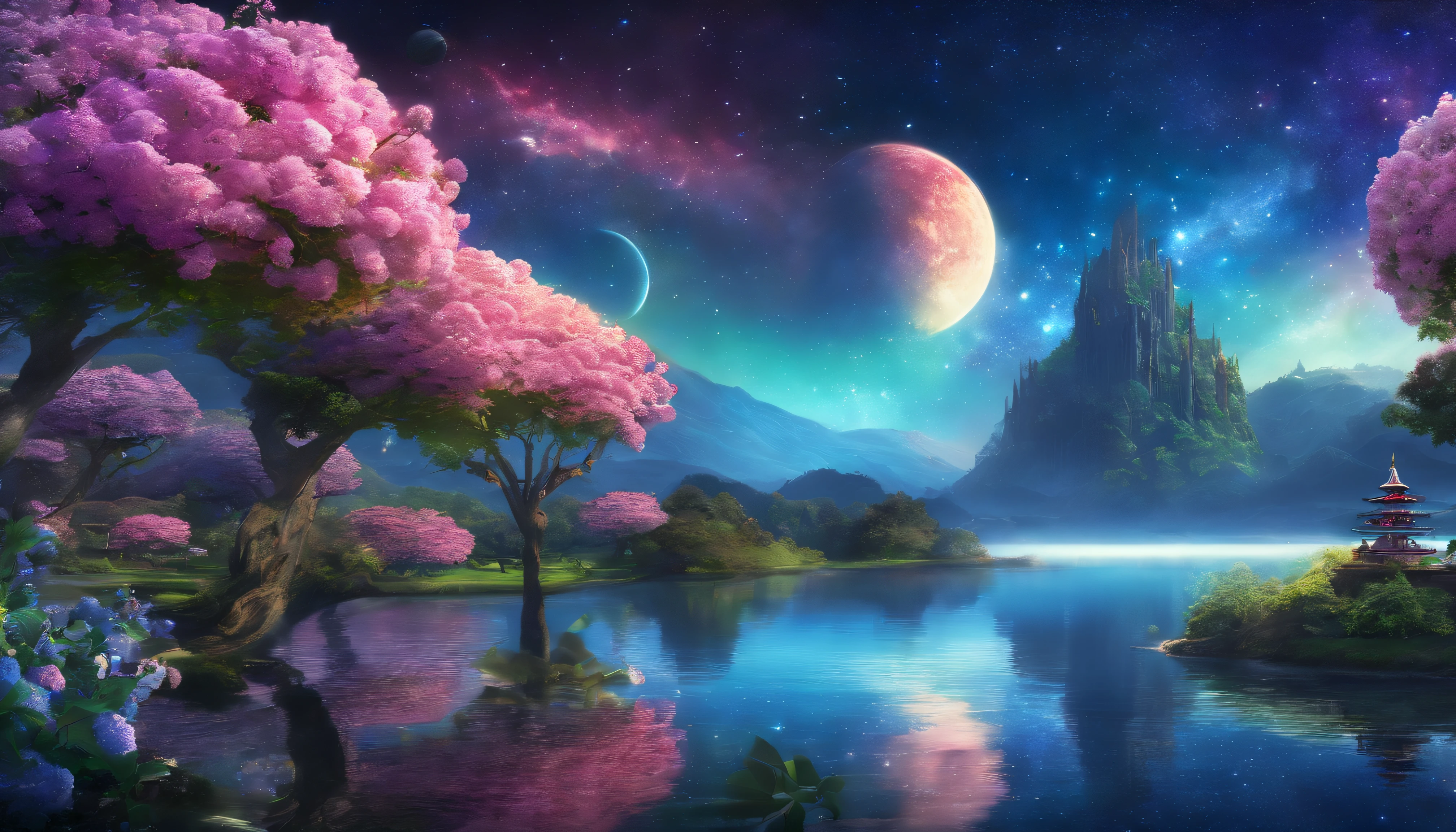 hydrangeas, parks, lake, Small hills, Pebble road,Anime Big breasts, masterpiece, best quality, anatomically correct, high detail, 8K, wallpaper