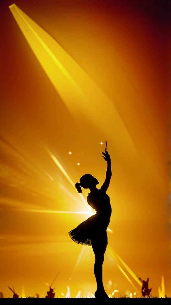 Hyperrealistic photograph of a silhouetted female figure, spectrum. Vertical bands of light transition through vivid blues, warm yellows, to intense reds. Figure stands centrally, arms slightly outstretched, draped in flowing, gossamer-like fabric. Hair and dress edges blend seamlessly into the light, creating an ethereal glow. Lower half of the image filled with billowing mist, reflecting the colored light. Ground appears wet, mirroring the spectrum above. Sharp contrast between the dark silhouette and the brilliant background. Cinematic quality lighting, emphasis on color saturation and light diffusion. Ultra-high resolution capture of light interacting with fabric and mist particles.