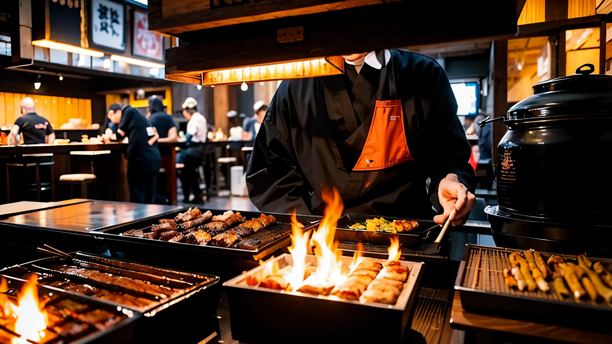 Inside the Yakitori restaurant、grilling yakitori on a grill、charcoal fire、