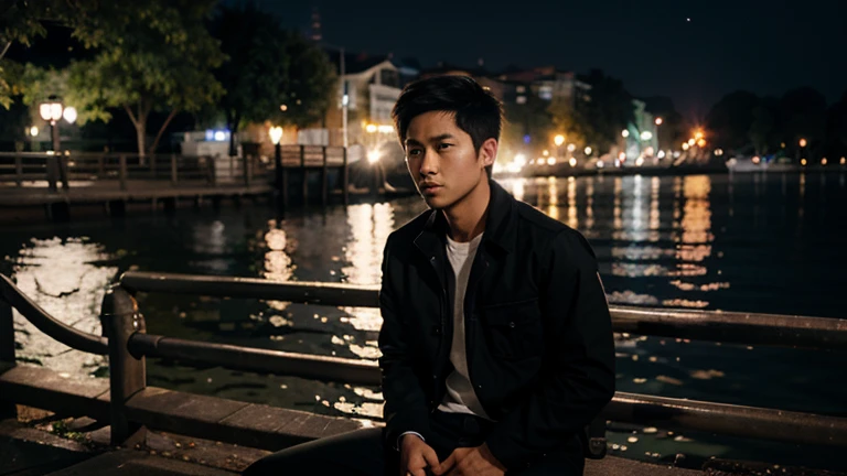 A young asian man sitting beside lake at the foging dark night