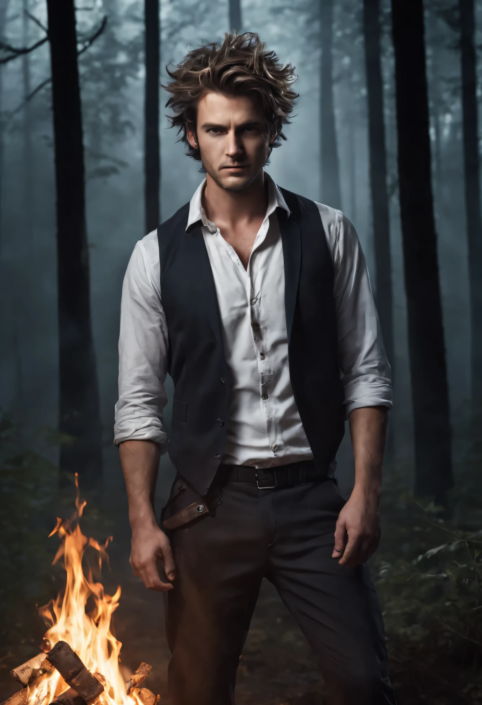 Male scientist with messy hair, 1 person, 30 years old, making a bonfire in the forest at night, wearing a suit: dirty with dirt, anxious, W-shaped hairstyle, frowning face, Caucasian, dark circles under the eyes, survival... Handsome man, wearing a white cutter shirt and vest, black pants, dirty leather shoes, night forest background, scary forest, masterpiece, realistic photo, photorealistic