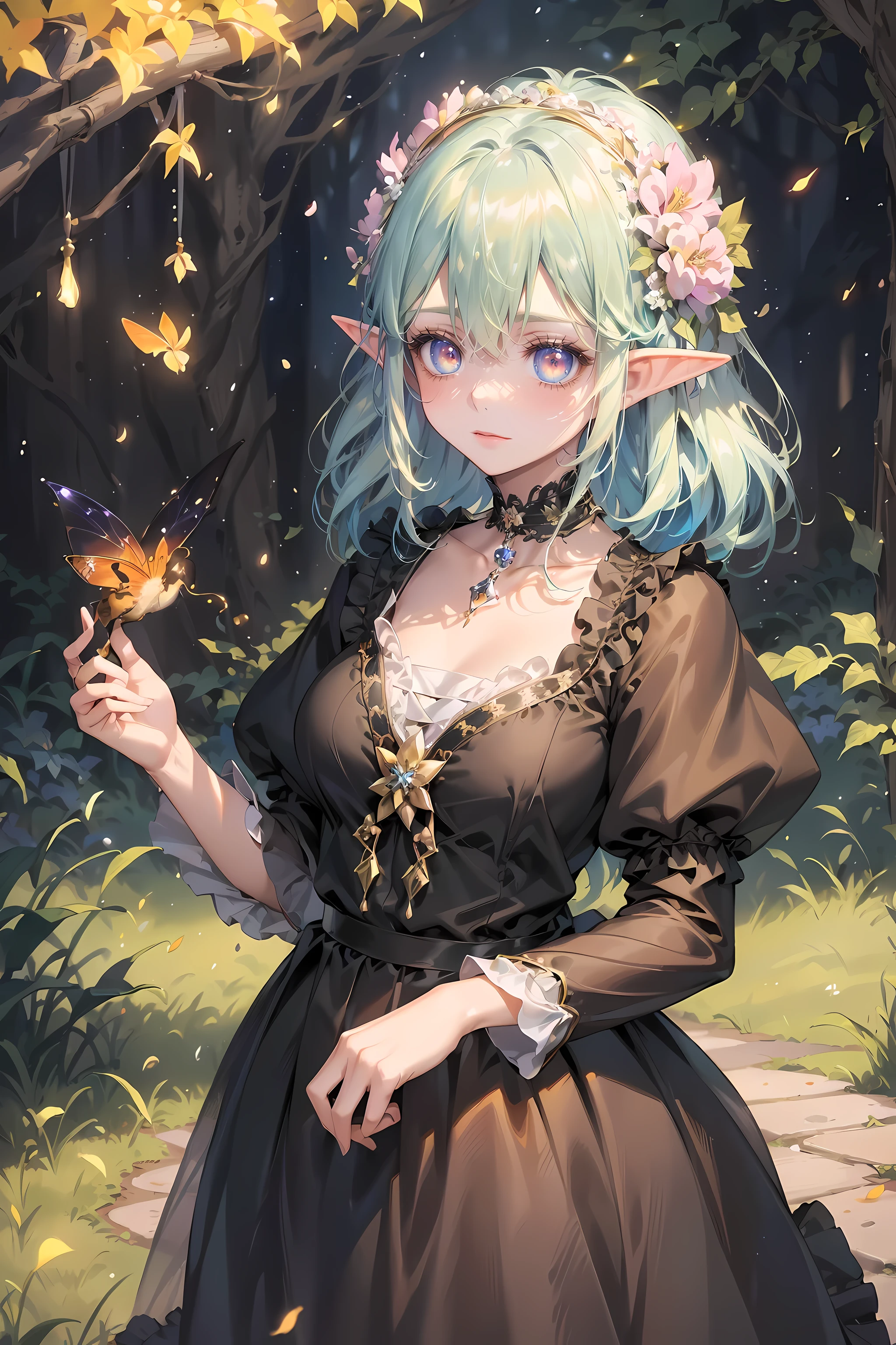 eyeline,(lewd eyes:1.4),(faeries:1.2),(high resolution,best quality,like a dream,obsessed,at a forest,faeries),(vibrant with colors,ultra - detailed),(美丽lewd eyes,Mottled sunlight,Whimsical creatures,sparkling mysterious mist,Evocative atmosphere otherworldly beauty),(magical light,Faint ethereal light),(in pastel shades,fantasticcolors),(Dancing fireflies,活泼的faeries,Breeze whispered),layered lace dress,Exquisite and beautiful gauze long skirt,(Colorful princess dress:1.4),(Elf Flower Crown:1.2),(美丽lewd eyes, vibrant with colors, oil painted, flowers in the background, A flowing dress, Fantastical Atmosphere, Eyebrows are very clear, gentlesoftlighting, Fantasy elements, Magical environment, 逼真的high resolution图像, dynamic and energetic),(vivd colour:1.5)