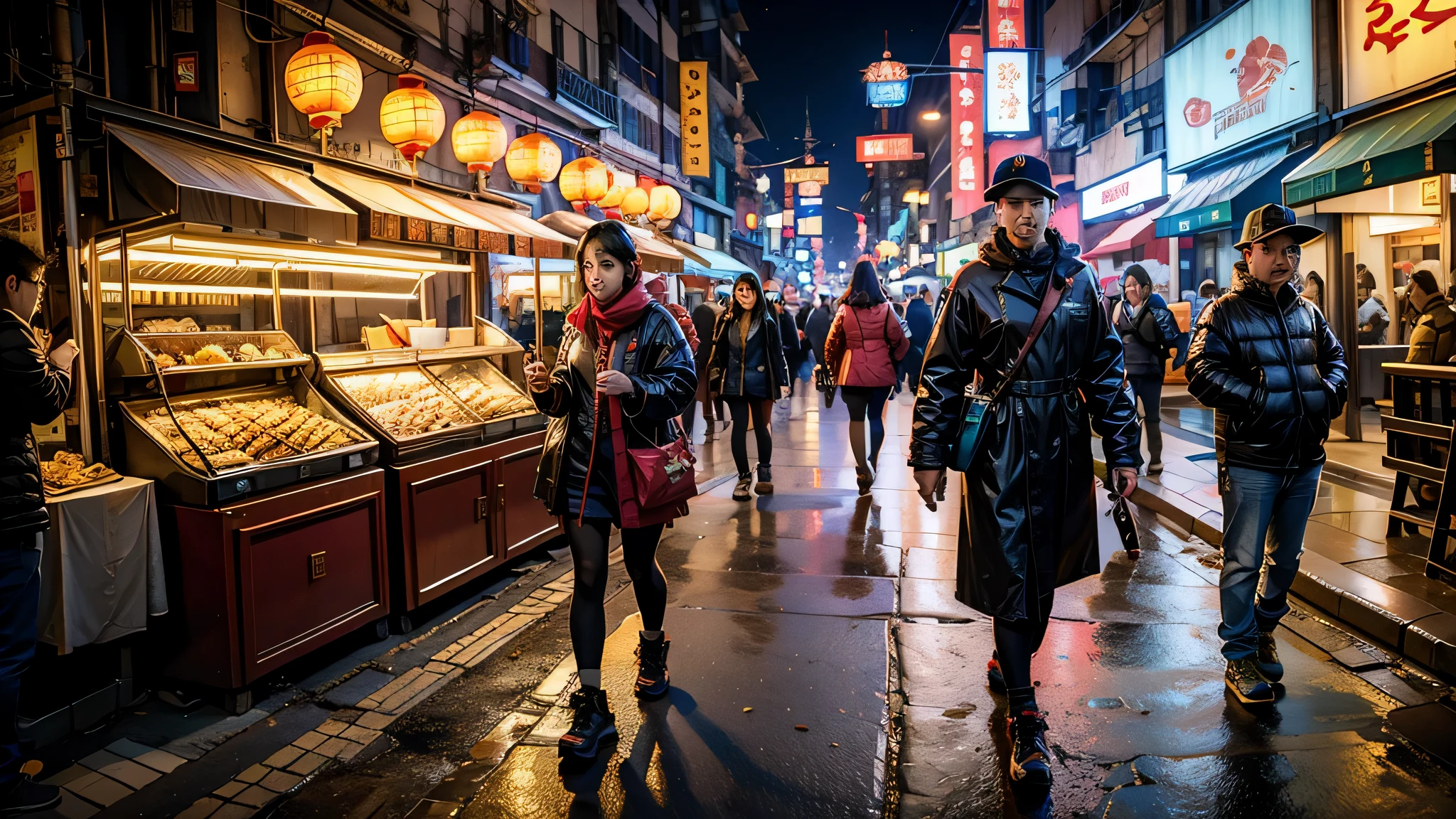 New Year&#39;s Eve streets, street food, Chinese people on the street.cyberpunk style，Beautiful woman walking on the street