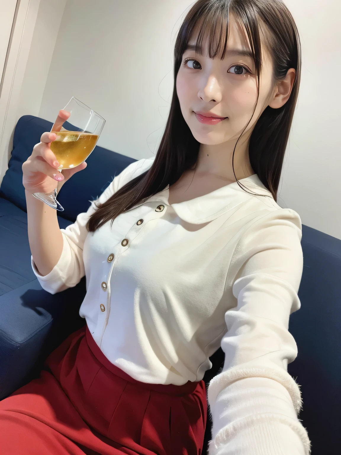 Live action, realistic human feeling, skinny Japanese woman drinking alcohol in living room, long shaggy straight black hair, messy hair, bangs, realistic skin texture, natural skin, messy clothes, tight body, thin waist