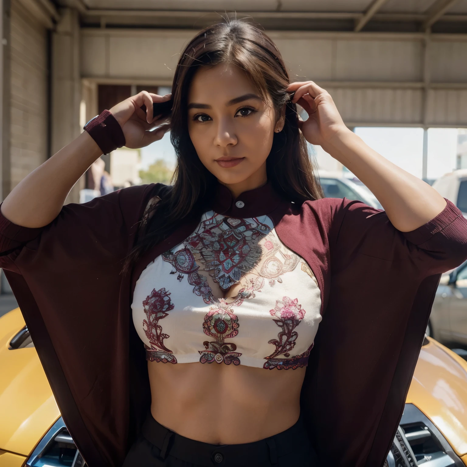 : a beautiful woman aged (40s), wearing a hello kitty shirt, standing next to a maroon colored toyota vios car, plate number "PLAT.NO SENDIRI" AT AUTOFEST and many people.
(top-quality,8K picture quality,masterpiece:1.3),(A high resolution,Photorealsitic:1.4,Raw photography),(ultra-detailliert,Caustics,Detailed background),(Ultra-realistic capture,Beautifully detailed skin,perfect anatomia),(hyper fidelity)