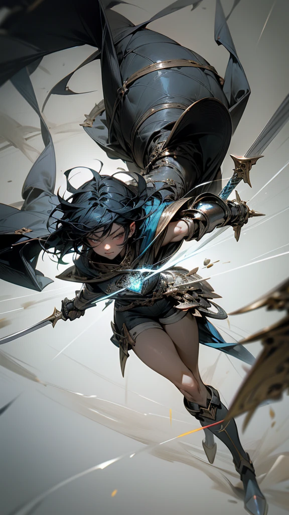 Strongest and fastest female swordsman, Japan sword in left hand, Gauntlet on right arm, long beautiful black hair, blue cloth around neck, blue cloak, metal boots on feet, white shirt, White shorts, Thighs are protruding, Beautiful Japan, 18 years old, Light armor for speed, right eye is black, The left eye is lapis lazuli, black hair, mismatched pupils, mismatched sclera, Surrealism, Hyperrealism, Verism, depth of field, chromatic aberration, negative space, tachi-e, from above, f/4.0, 35mm, Canon, anatomically correct, textured skin, high details, award winning, best quality, 4K, highres