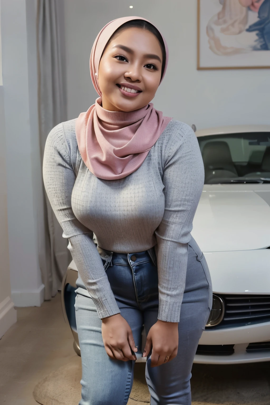 ((best quality)), ((masterpiece)), (detailed), perfect face
create a photo of a beautiful malay woman, ((curvy)), light toned skin, natural looks and light makeup, wearing grey hijab, wearing white shirt and pink knitted sweater, looking forward smiling alluringly beautiful, wearing denim jeans and LV shoes