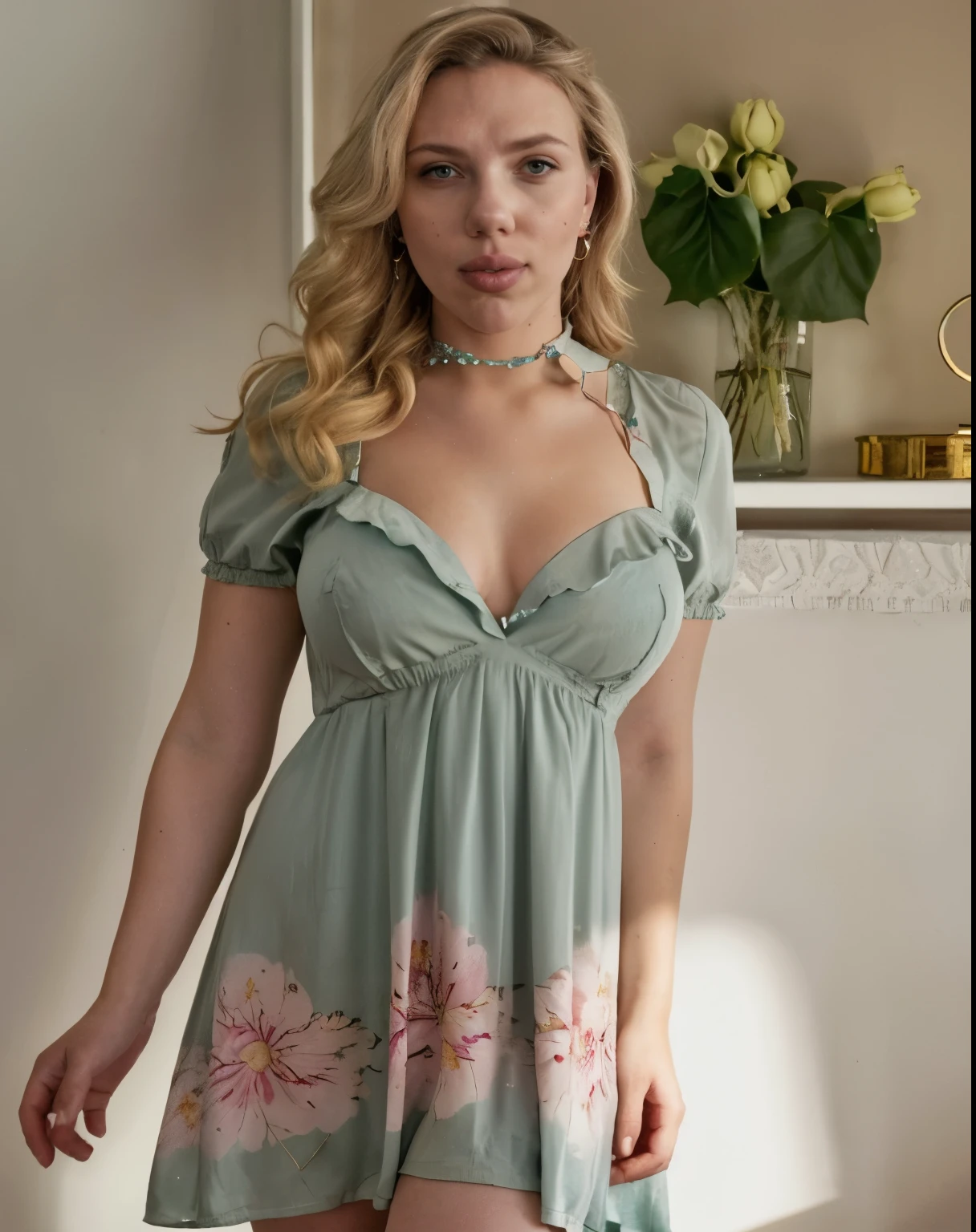 (scarlett johansson ,with golden color  hair and green  eyes), (hyper realistic), (nsfw), (wearing a summer dress, flower pattern), (specular lighting:1.3), (hyperrealistic:1.2), (photorealistic face:1.2), (perfect face), (perfect eyeest quality), fantasy, soft lighting, ( hanging breasts), (skindentation:1.3), (chubby), (voluptuous:1.4), thick eyelashes, long eyelashes, (wearing choker), smile, blushing, earrings, (afternoon), (random color dress , random place, crowded background), comfy, cosy, looking at viewer, detailed skin