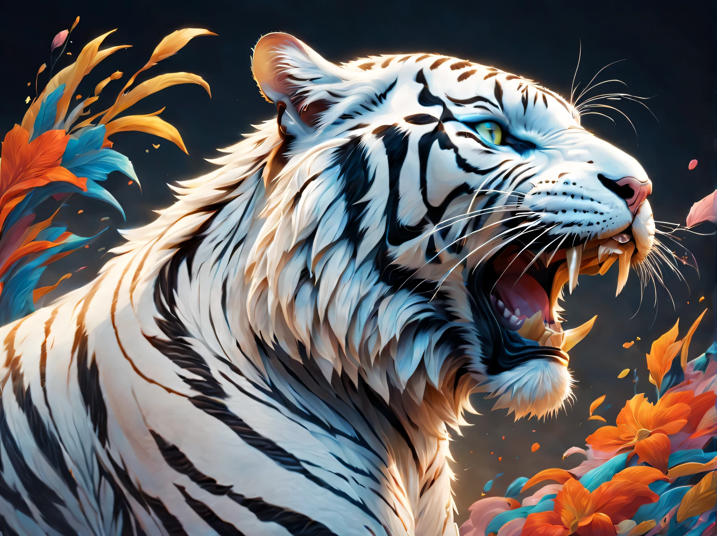 ((roaring white tiger)),profile,Tiger God,云,Vibrating air,undulation,irate,Otakebi,Powerfully,Abstract background,, Vibrant colors, Intricate details. Highly detailed, Dynamic Pose, Complex motifs,, Digital Painting, art  stations, Concept art, Smooth, Sharp Focus, , Illustration, 8K, Best Quality, awardwinning, Anatomically correct, hight resolution, masutepiece