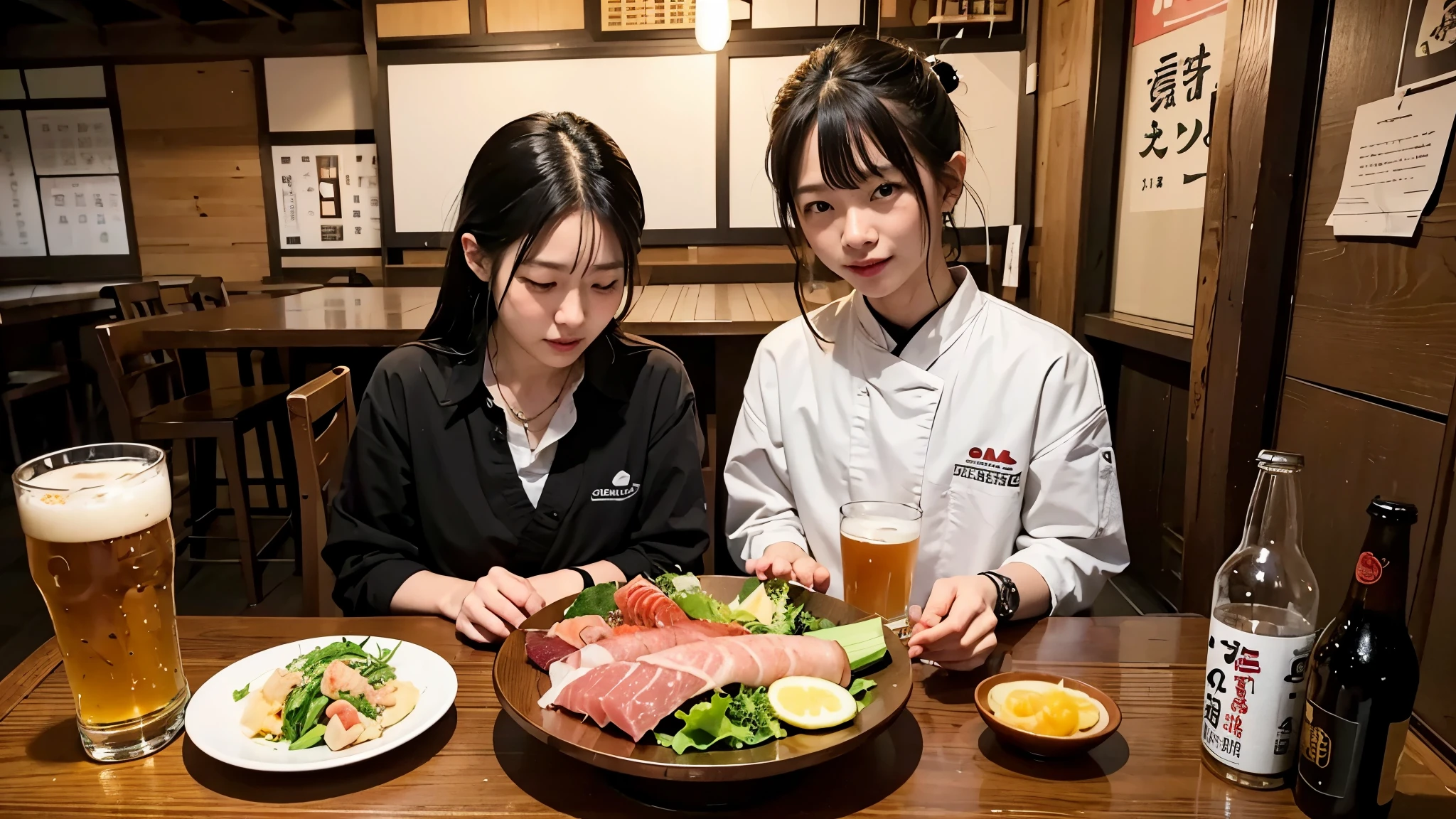 on the table、Yakitori、horse sashimi、salad is on it。There's beer too。Bright izakaya interior。